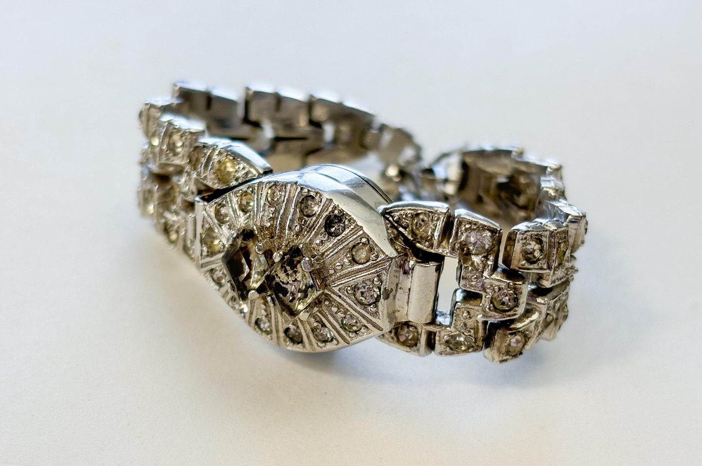 1930s Vintage Rhinestone Watch Bracelet, Art Deco Evening Glamour