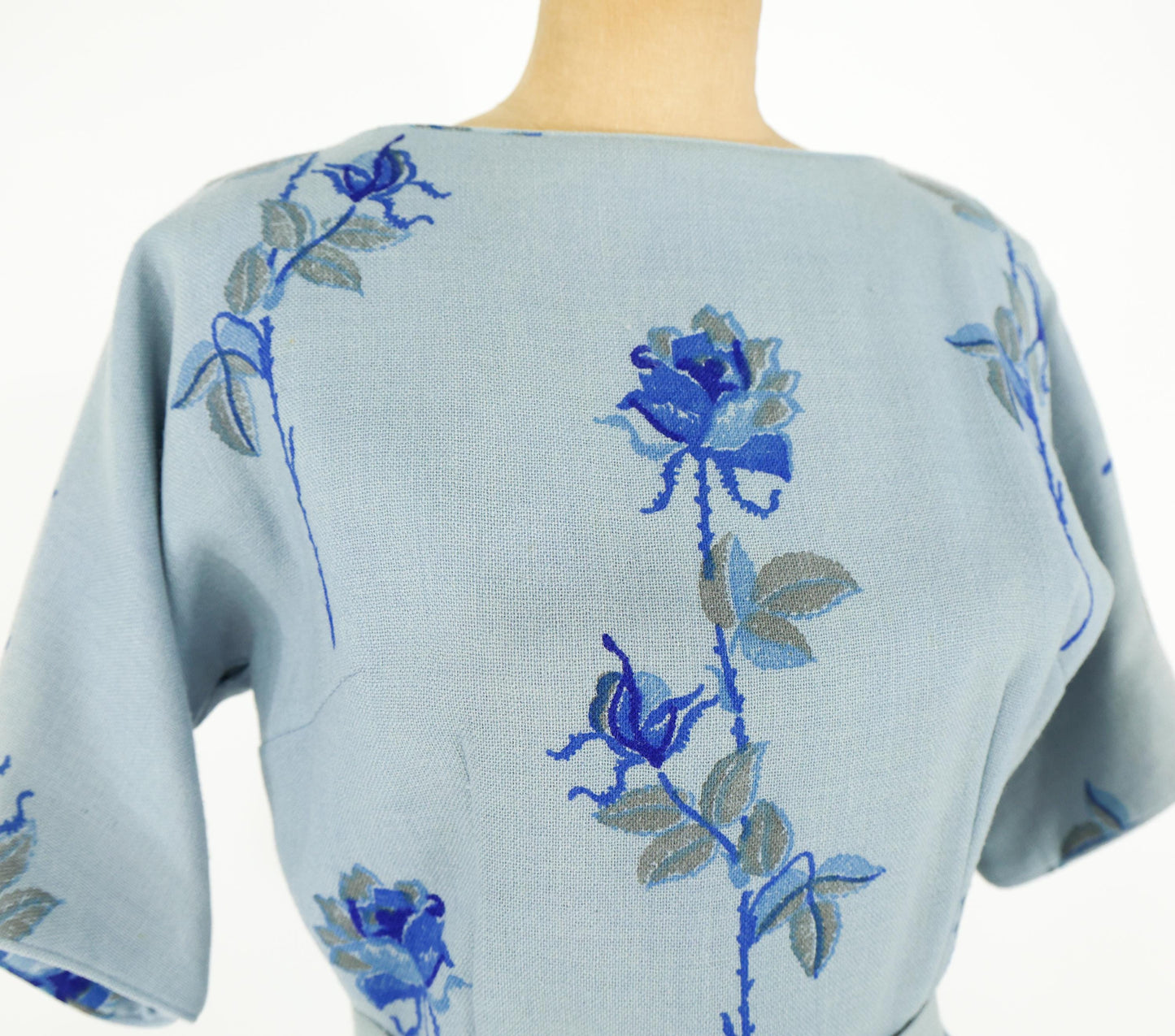 1950s Blue Floral Wool Sheath Dress, Medium