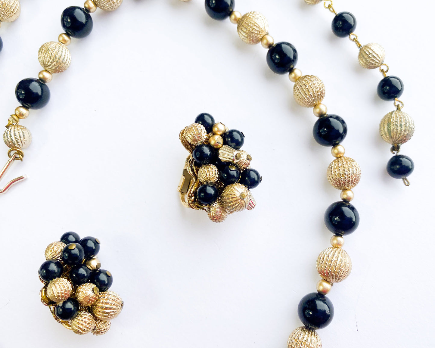 1960s Black & Gold Ball Necklace and Earrings Set