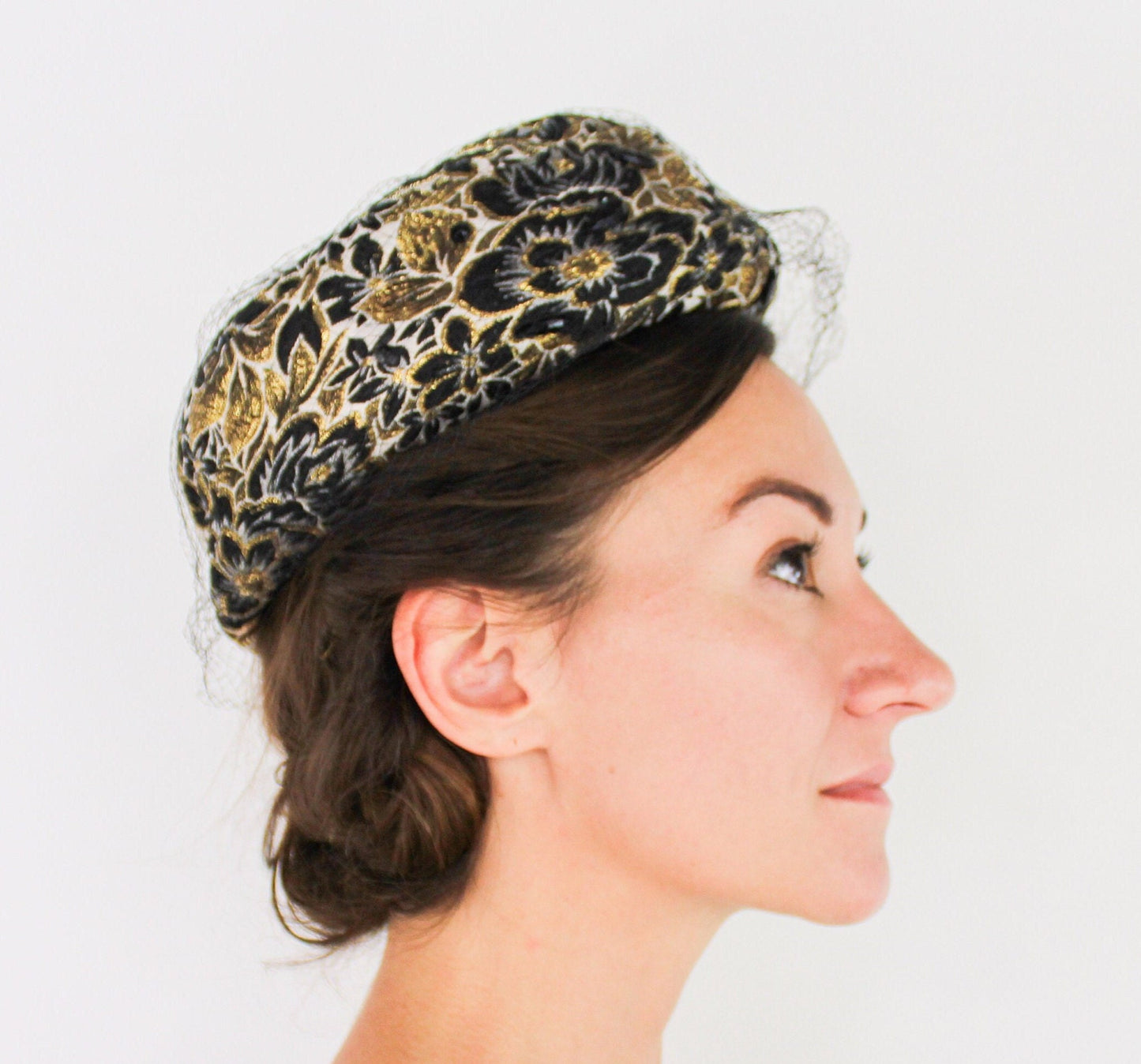 Vintage 1950s Black & Gold Brocade Pillbox Hat | Mr. Mac, Jackie O Style