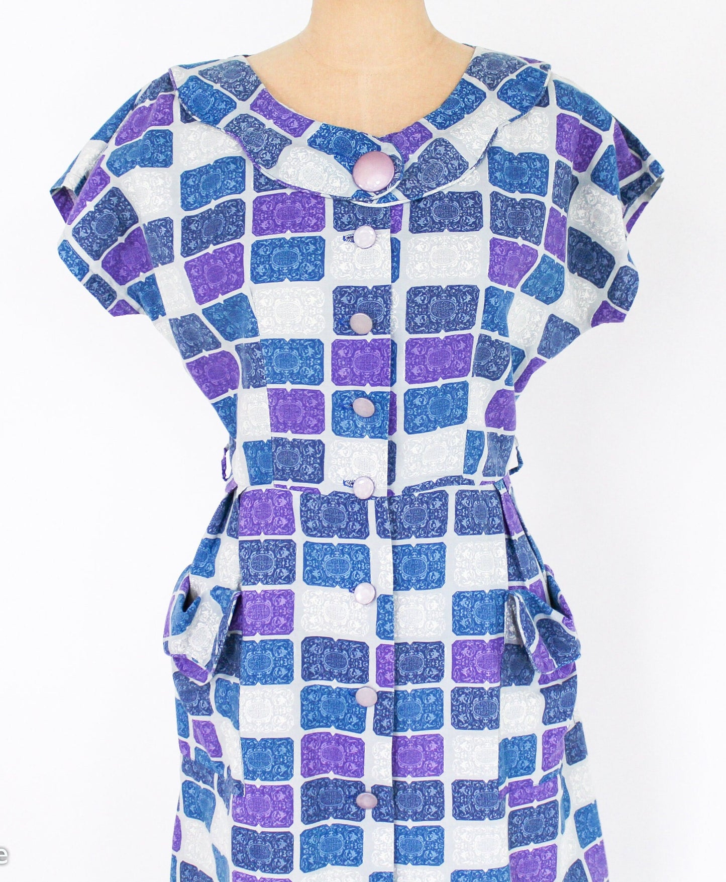 1950s Blue Purple Print Cotton Day Dress Rockabilly, Large