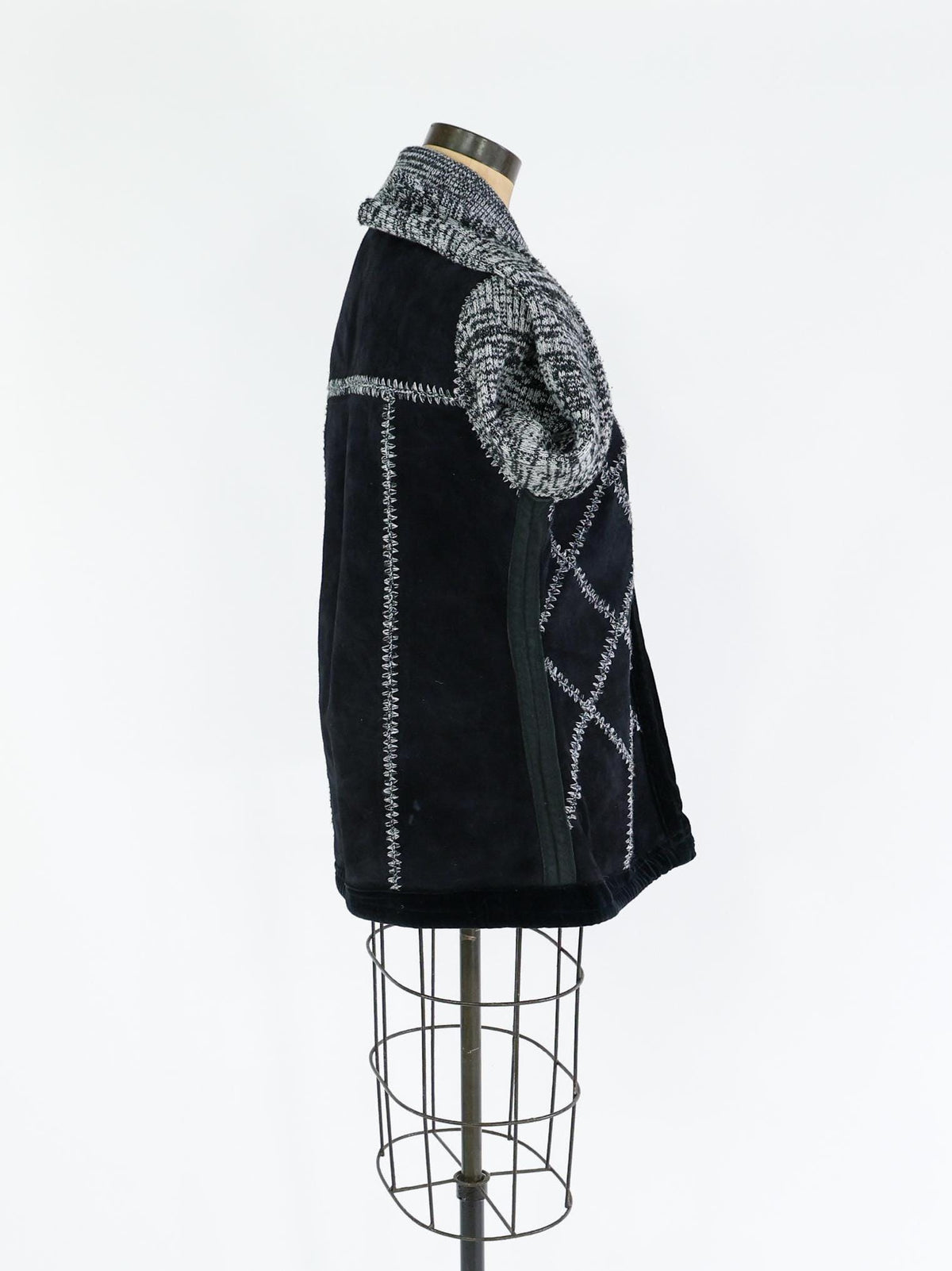 1970s Black Suede Patchwork Knit Jacket with Shawl Collar, Large