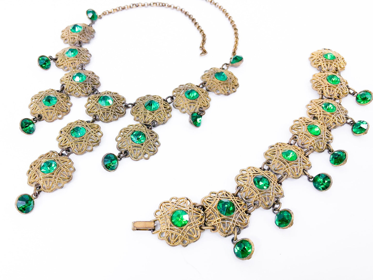 1940s Emerald Green Rhinestone Filigree Jewelry Set, Necklace & Bracelet Set