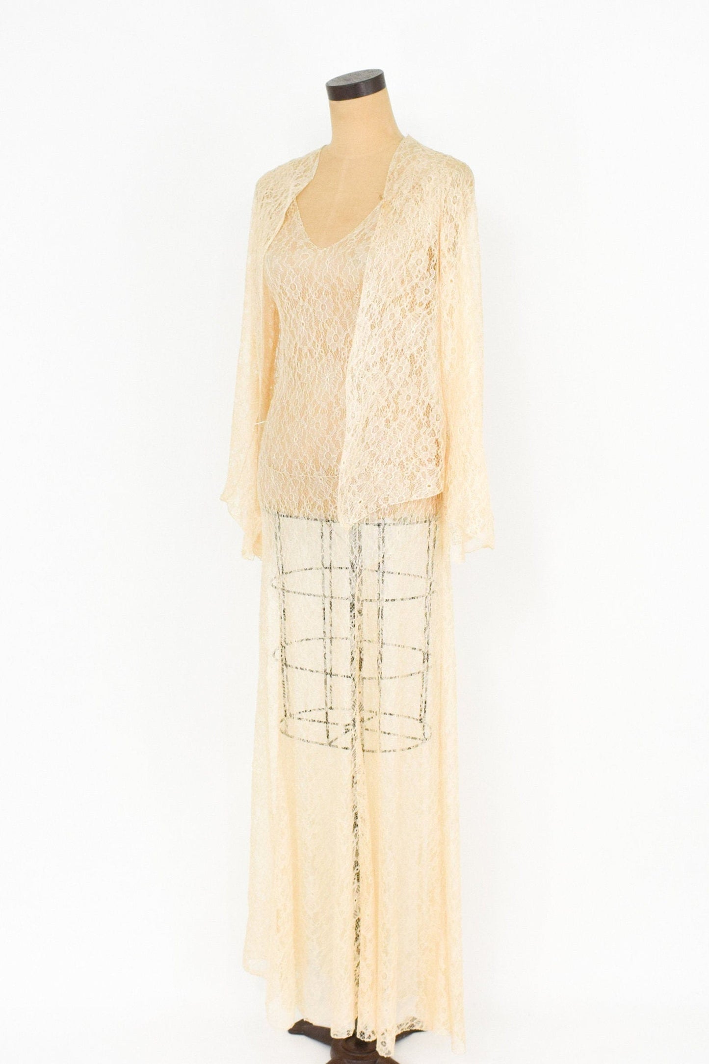 1930s Ivory French Lace Evening Gown & Jacket, Vintage Wedding Dress,  Extra Small