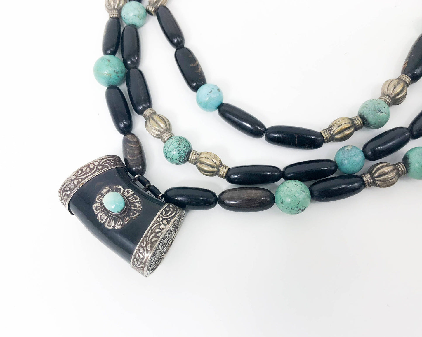1970s Vintage Black Hippie Beaded Necklace | Black & Turquoise Necklace