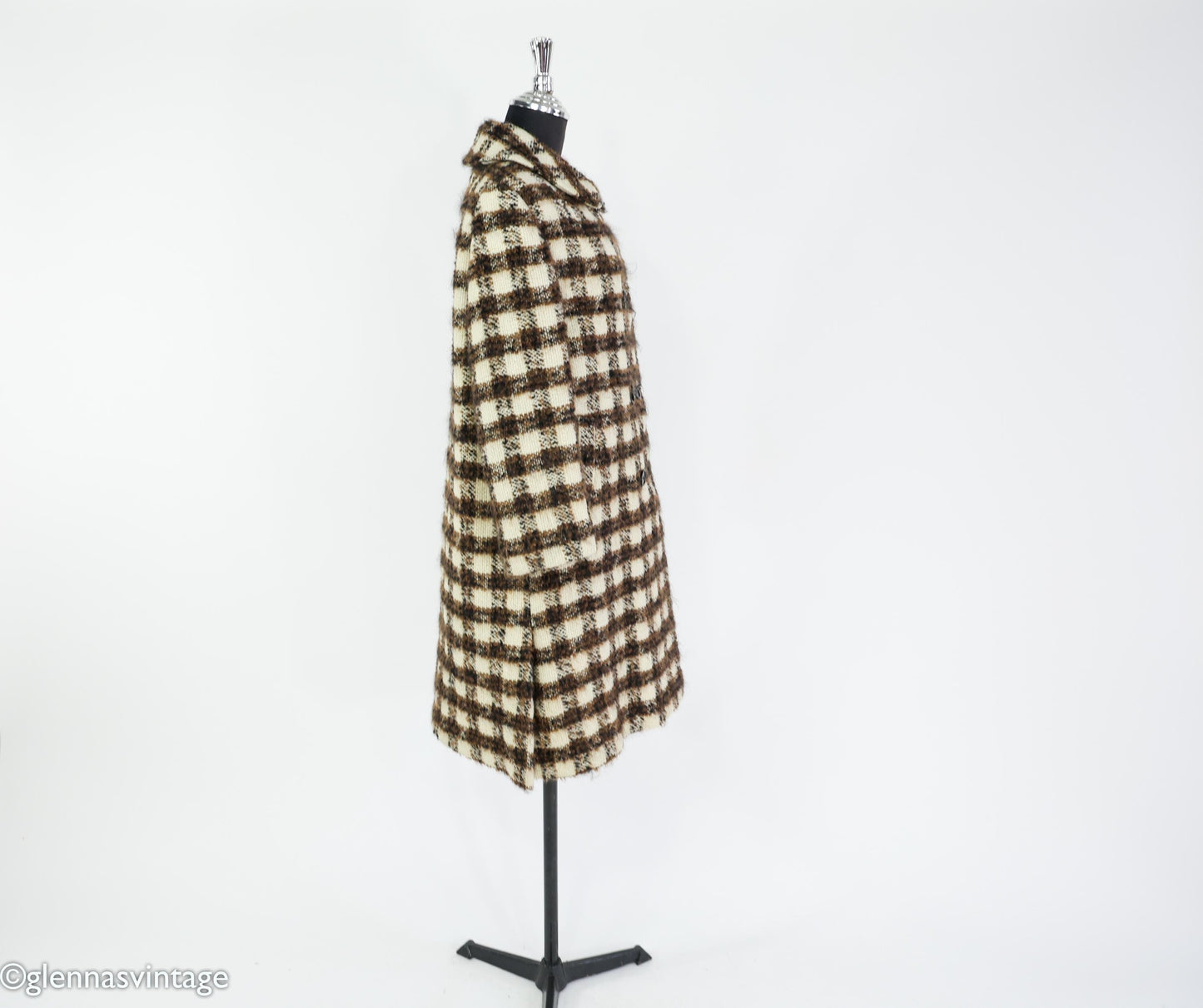 1960s Brown & Creme Plaid Wool Coat, Large
