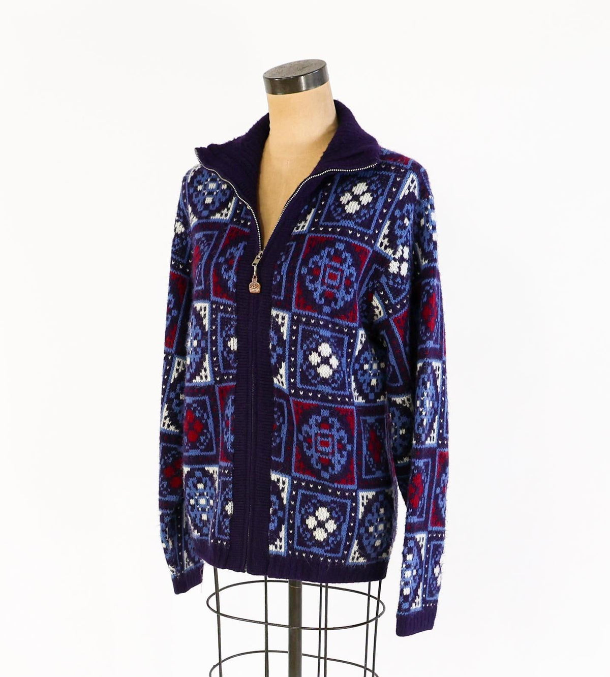 1960s Jantzen Nordic Cardigan Sweater Jacket, Blue & White Knit, Large