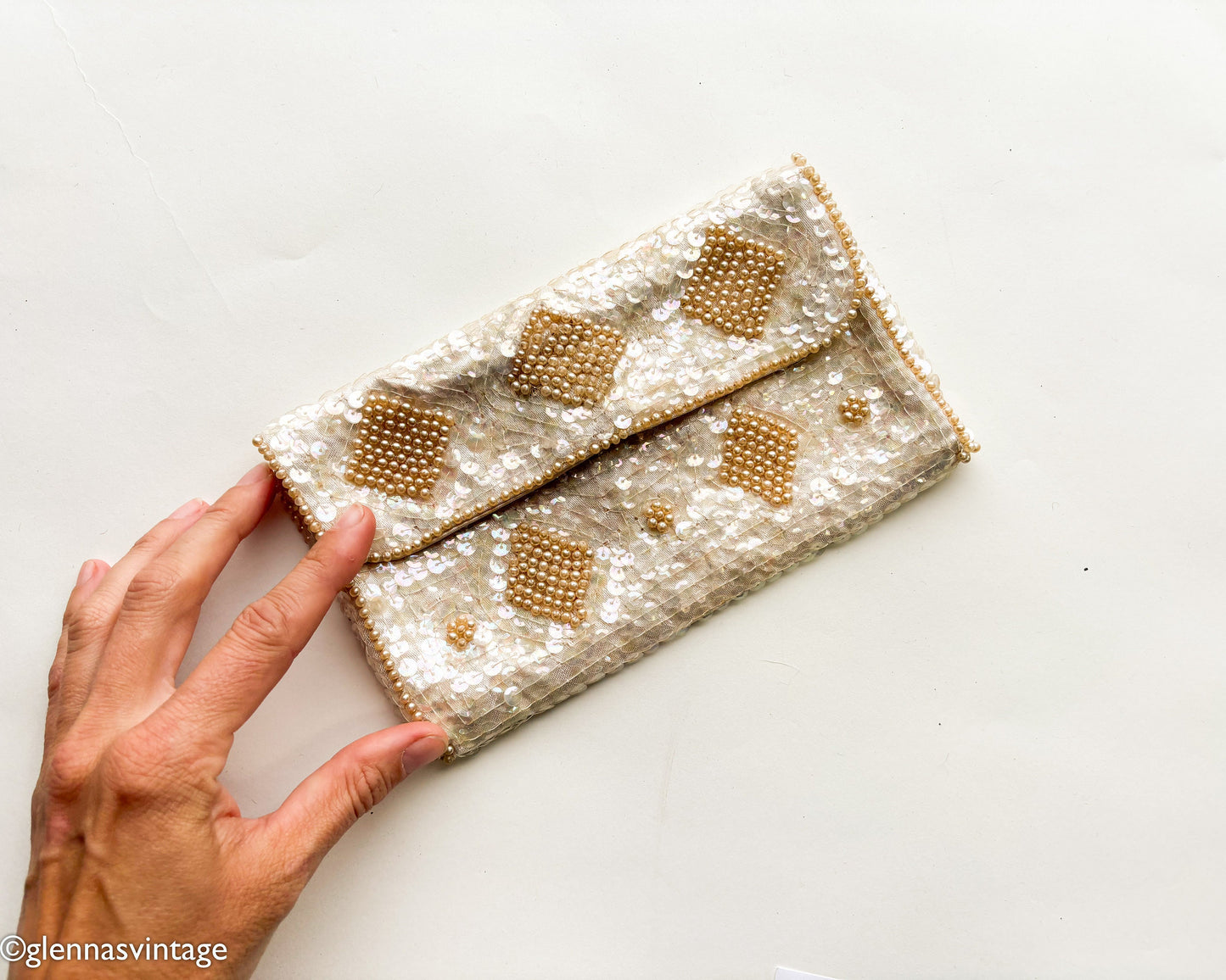 1950s Pearl & Sequin Clutch | 50s Sequin Pearls Handbag | Le Regale