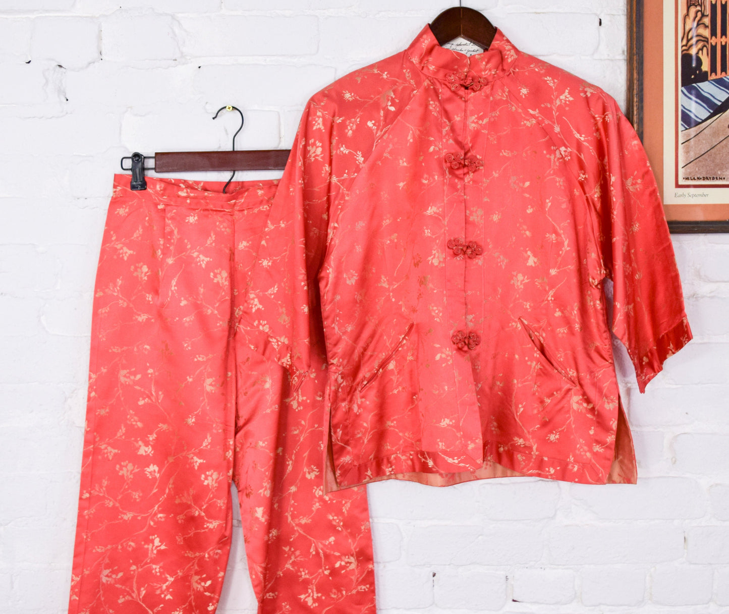 1950s Orange Asian Slacks Set | Silk Jacket & Pants, Medium