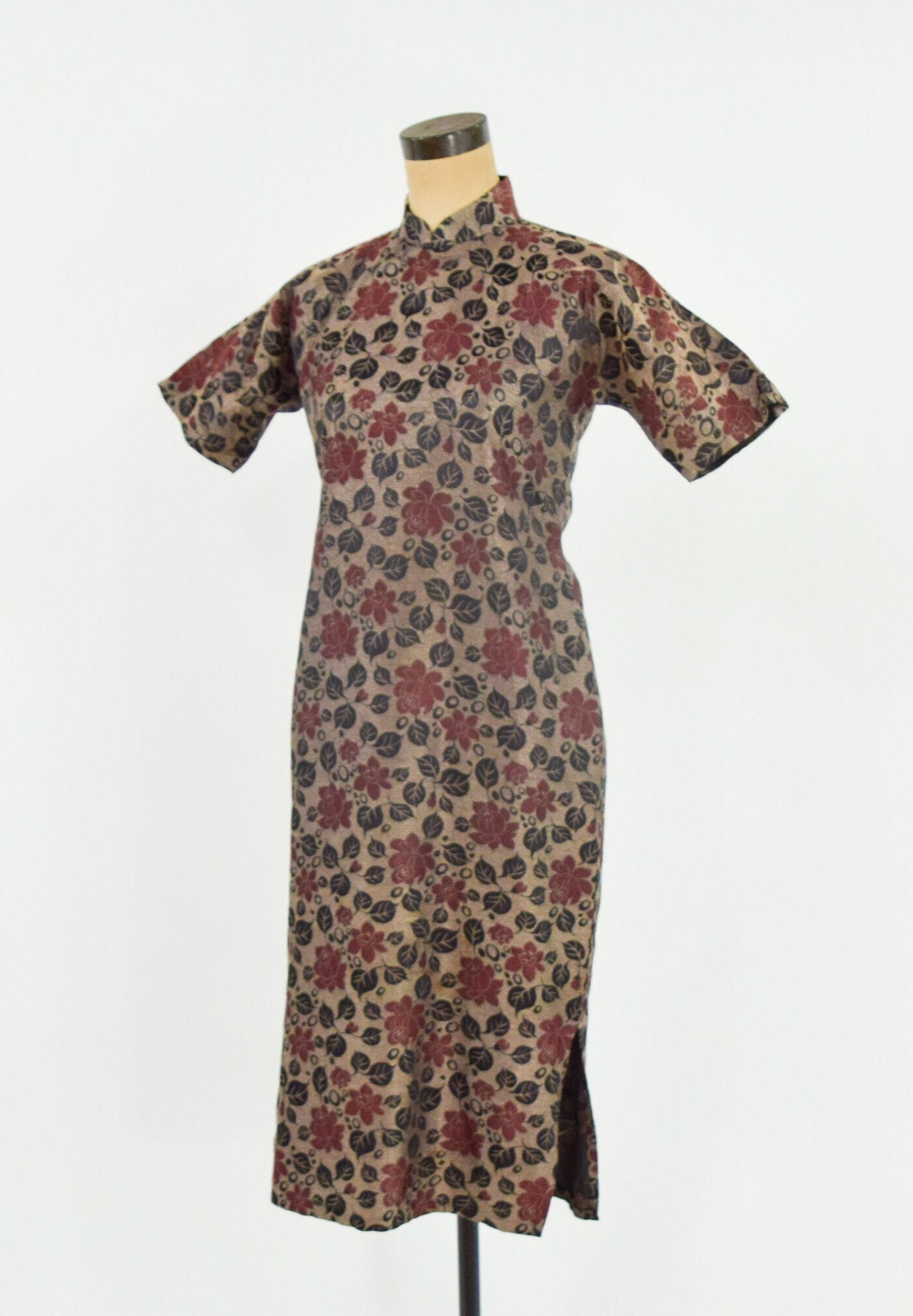 1950s Bronze & Burgundy Brocade Lamé Cheongsam Dress, Medium