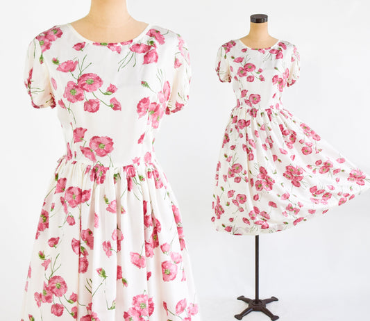 1950s Pink Floral Print Day Dress, Medium
