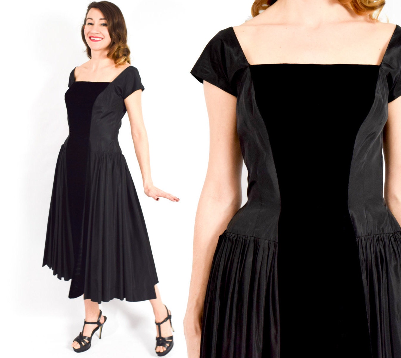 1950s Black Velvet Taffeta Cocktail Dress, Medium