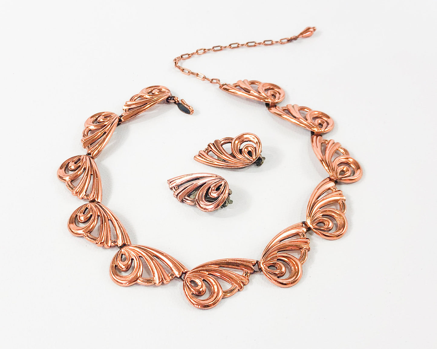 1950s Copper Swirl Necklace & Earring Set, Renoir Jewelry Hat
