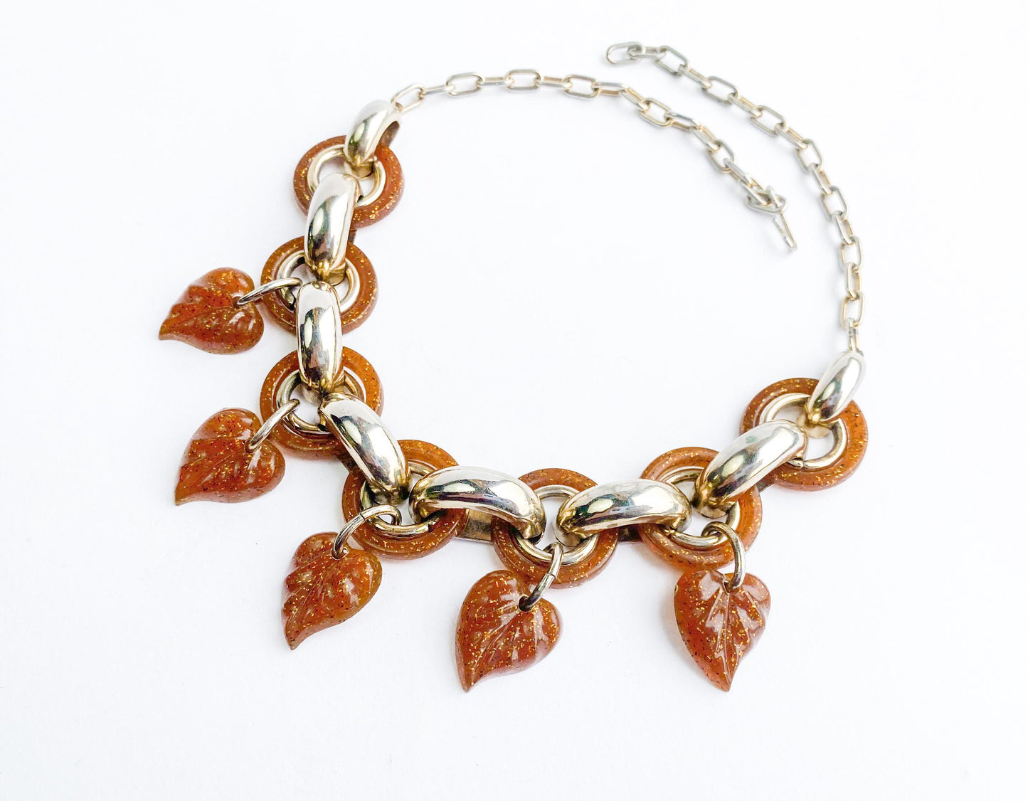 1960s Glitter Leaf Necklace | Brown Plastic, Gold Chain