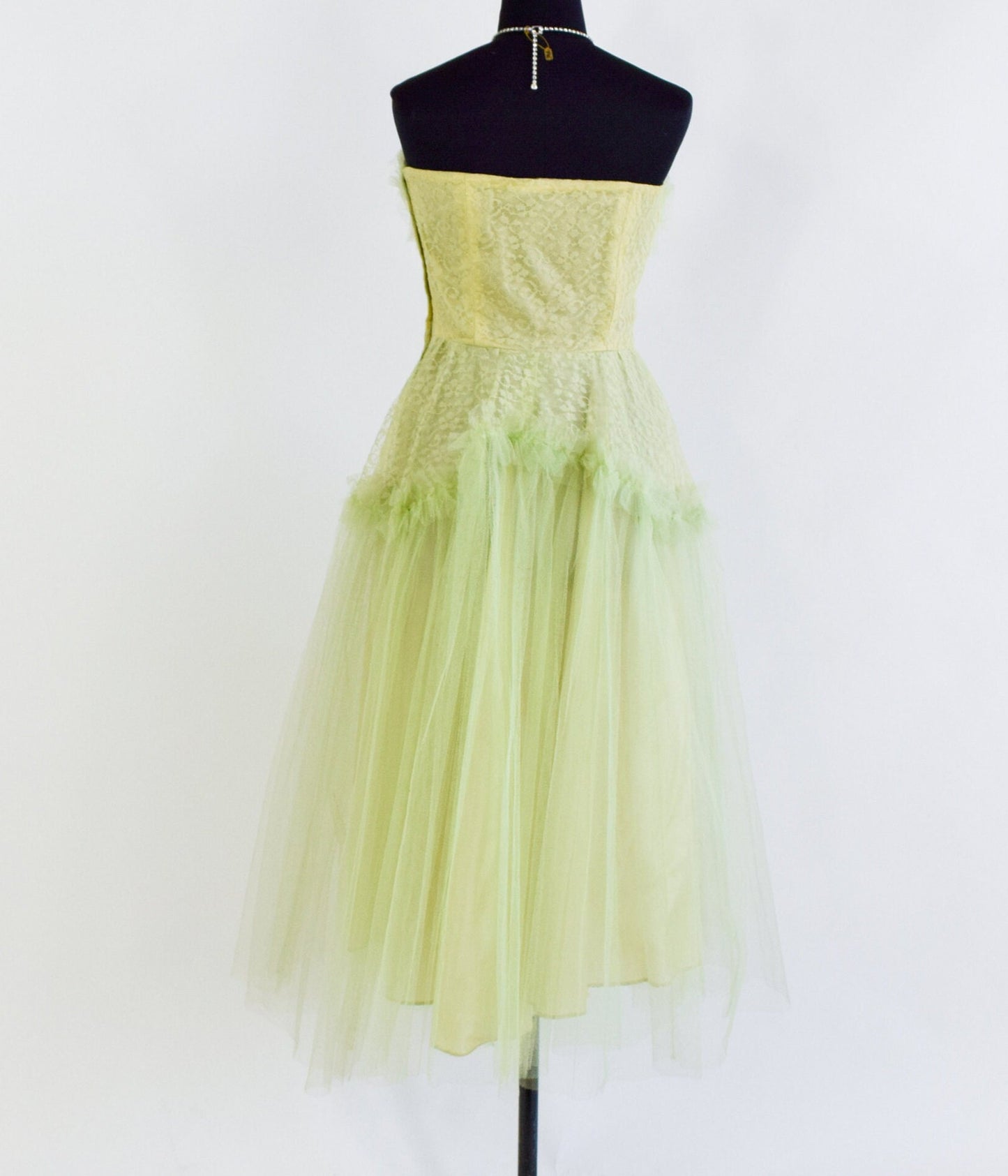 1940s Citron Green Lace  & Tulle Strapless Evening Dress | 40s Chartreuse Cupcake Dress | Green Lace Prom Dress | Small