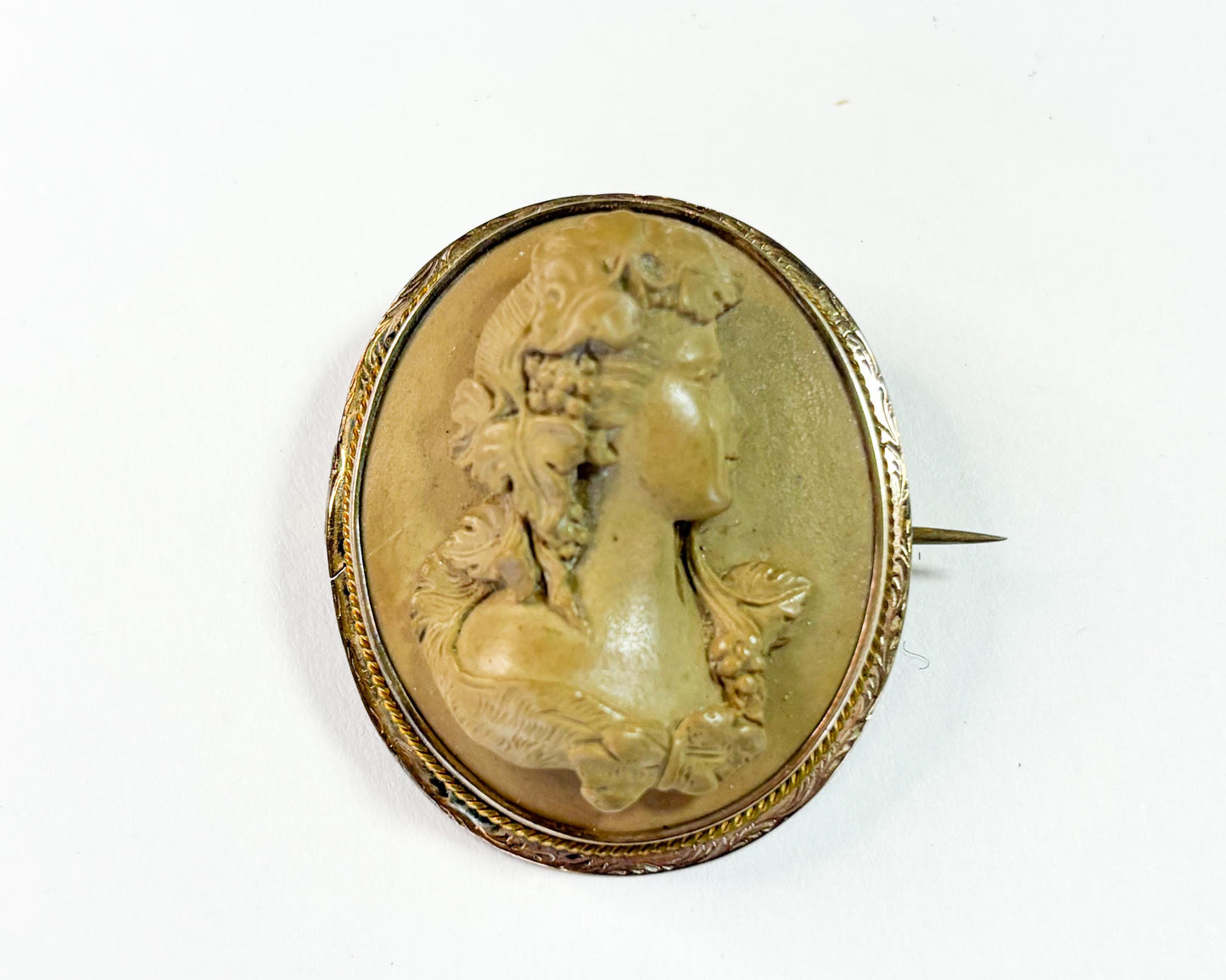1930s Brown Carved Stone Cameo Brooch, Etched Bronze Frame