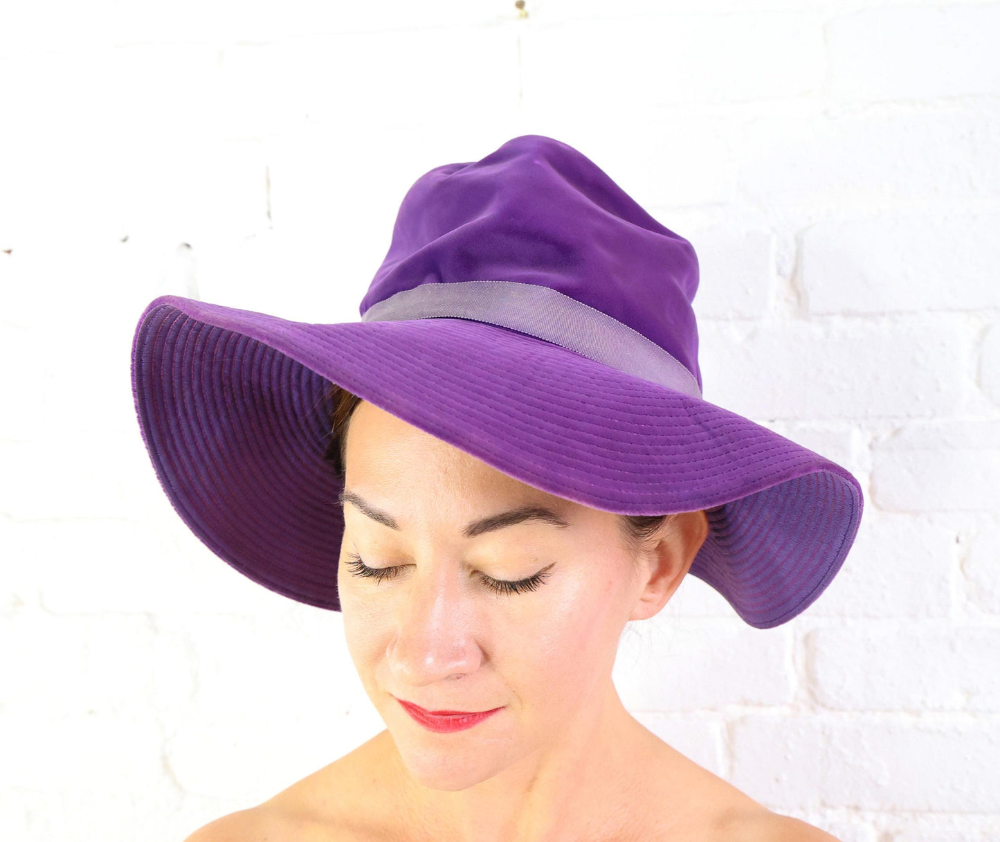1970s Purple Velvet Floppy Hat, Bohemian Wide brim Hat