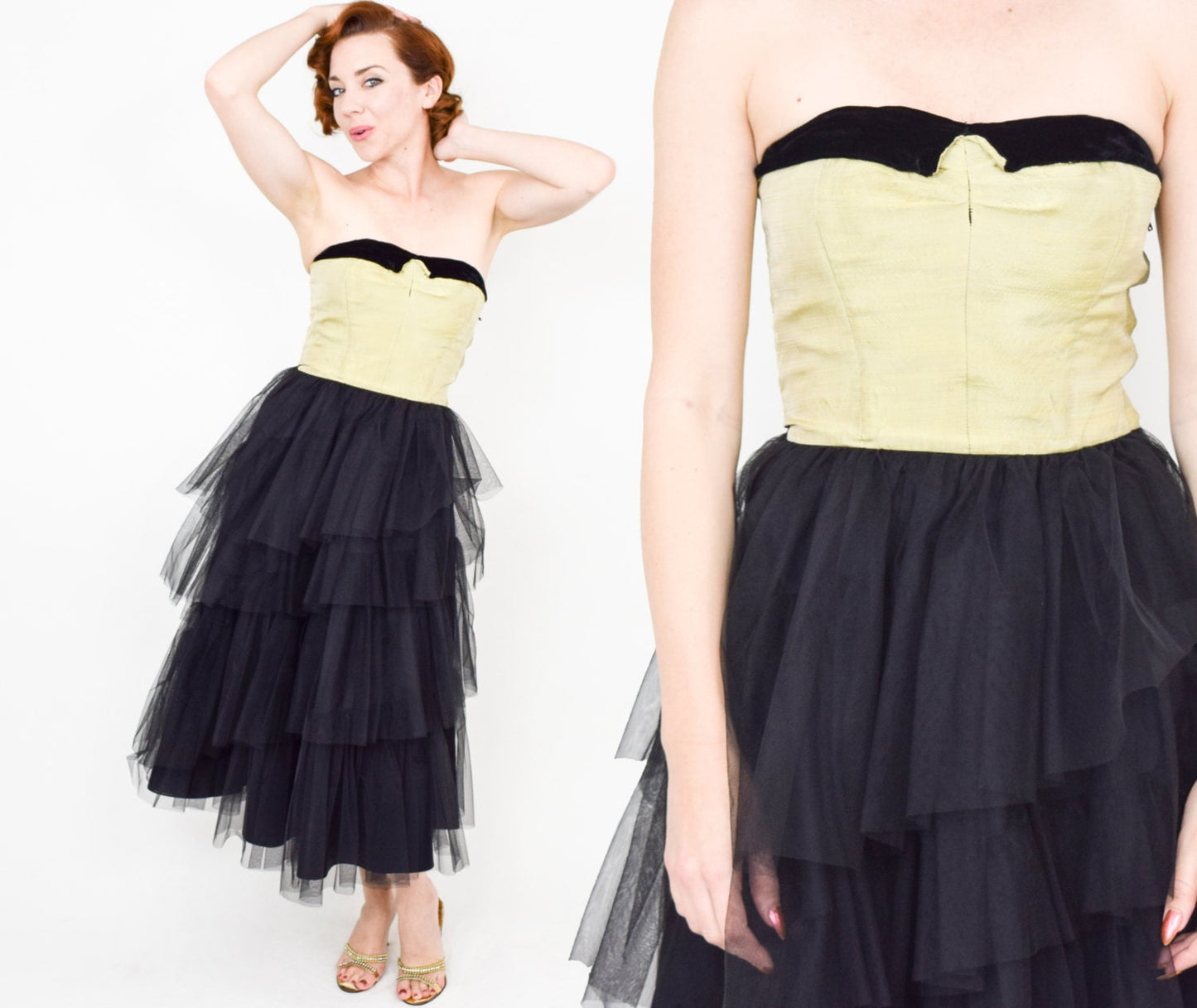 1940s Black Strapless Formal Dress | 40s Black Tulle & Gold Silk Party Dress | Strapless Evening Dress | Extra Small