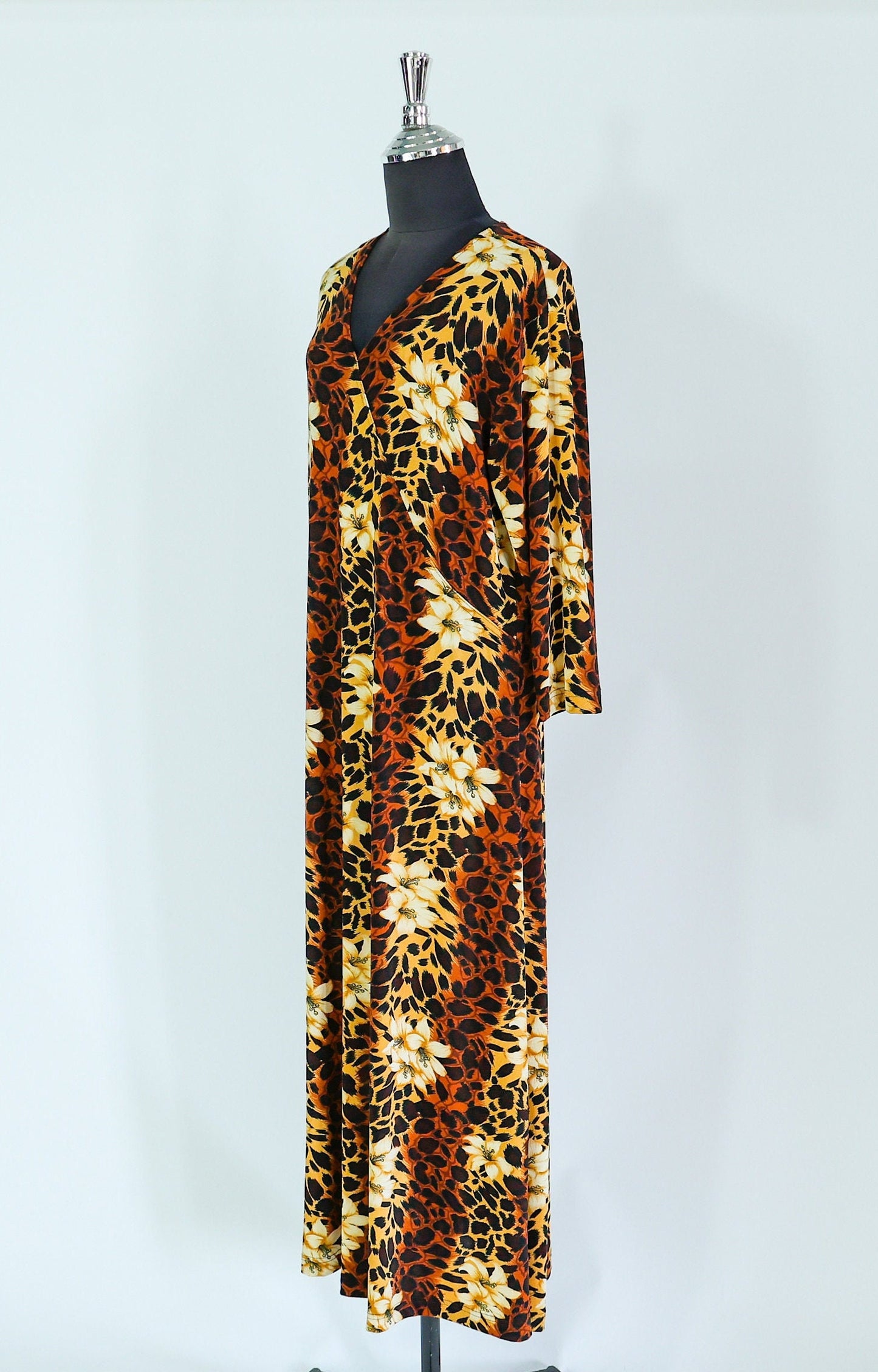 1980s Leopard Animal Print Caftan | 80s Brown Leopard Print & Flowers Maxi Dress | Carolyn Strauss | XLarge