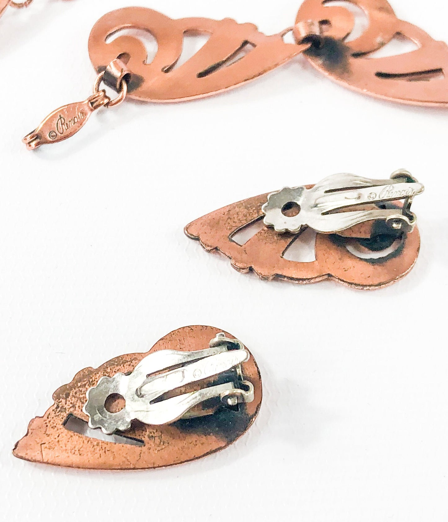 1950s Copper Swirl Necklace & Earring Set, Renoir Jewelry Hat