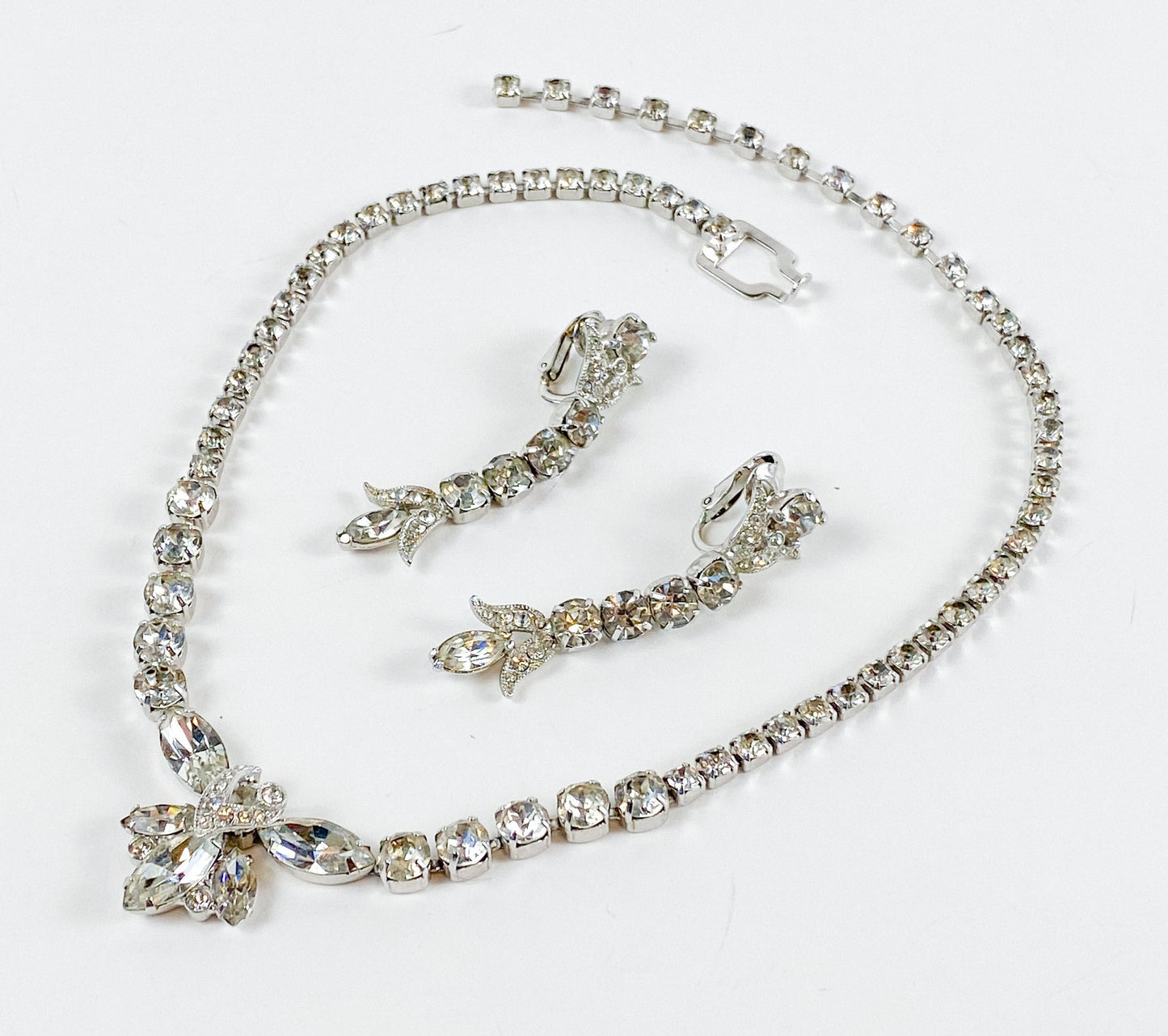 Eisenberg | 1950s Rhinestone Necklace & Earrings Set | 50s Rhinestone Pendant Necklace | Matching Earrings | Eisenberg E