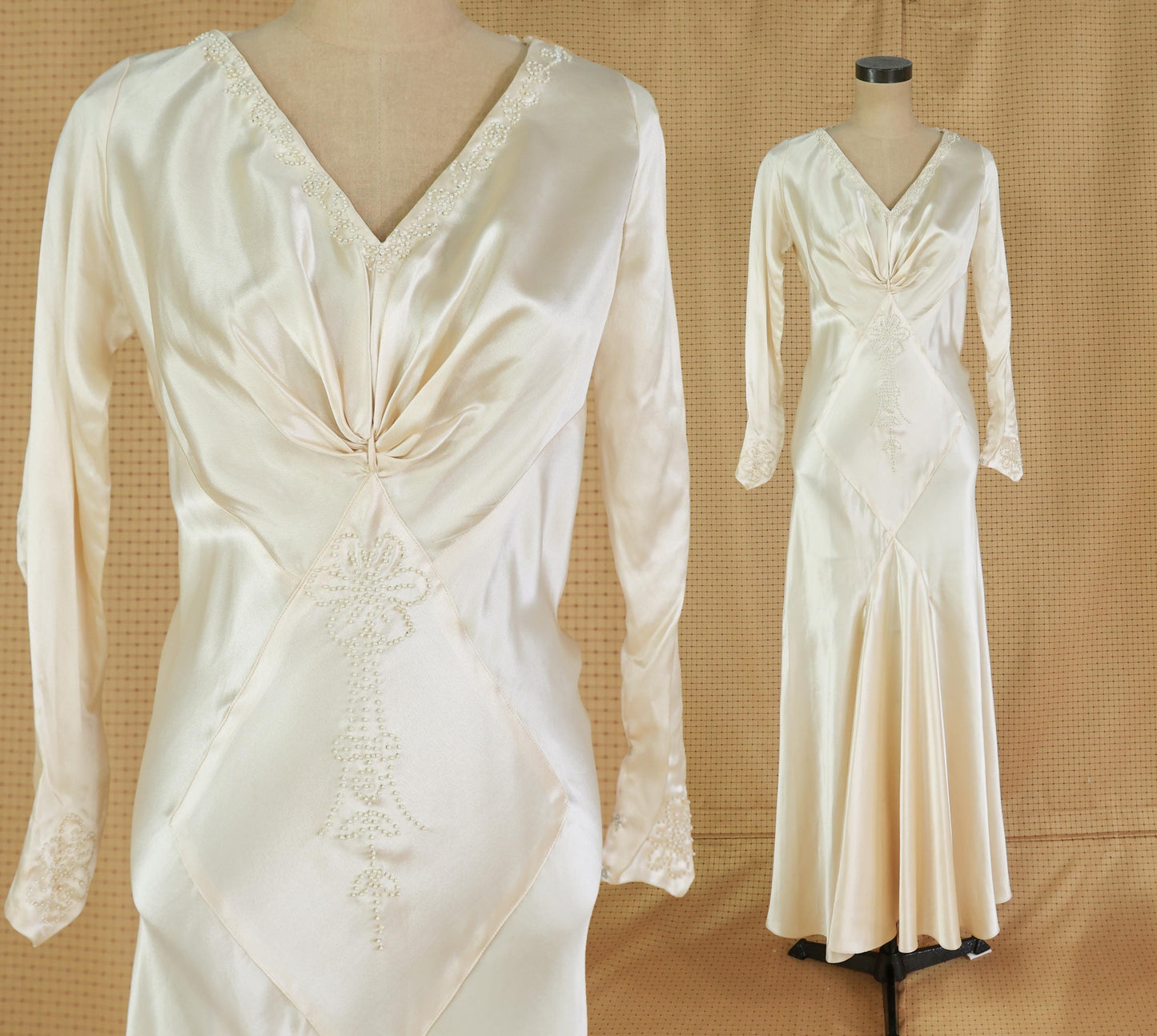 1930s Ivory Silk Beaded Wedding Dress, Large