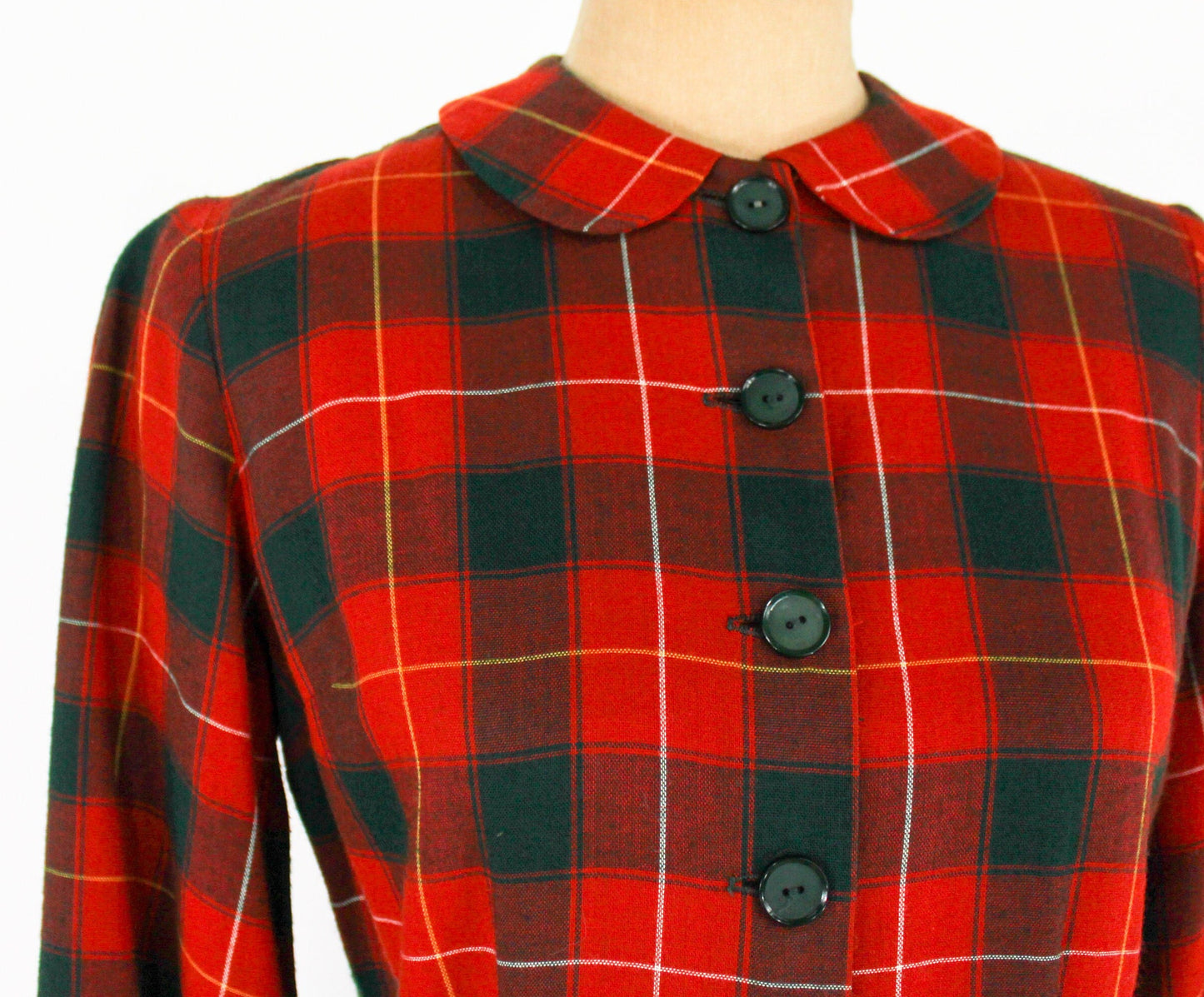 1960s Red Plaid Wool Dress with Peter Pan Collar, Bobbie Brooks, Medium