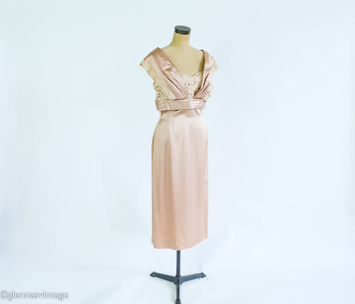 1950s Taupe Champagne Satin Cocktail Dress, Medium