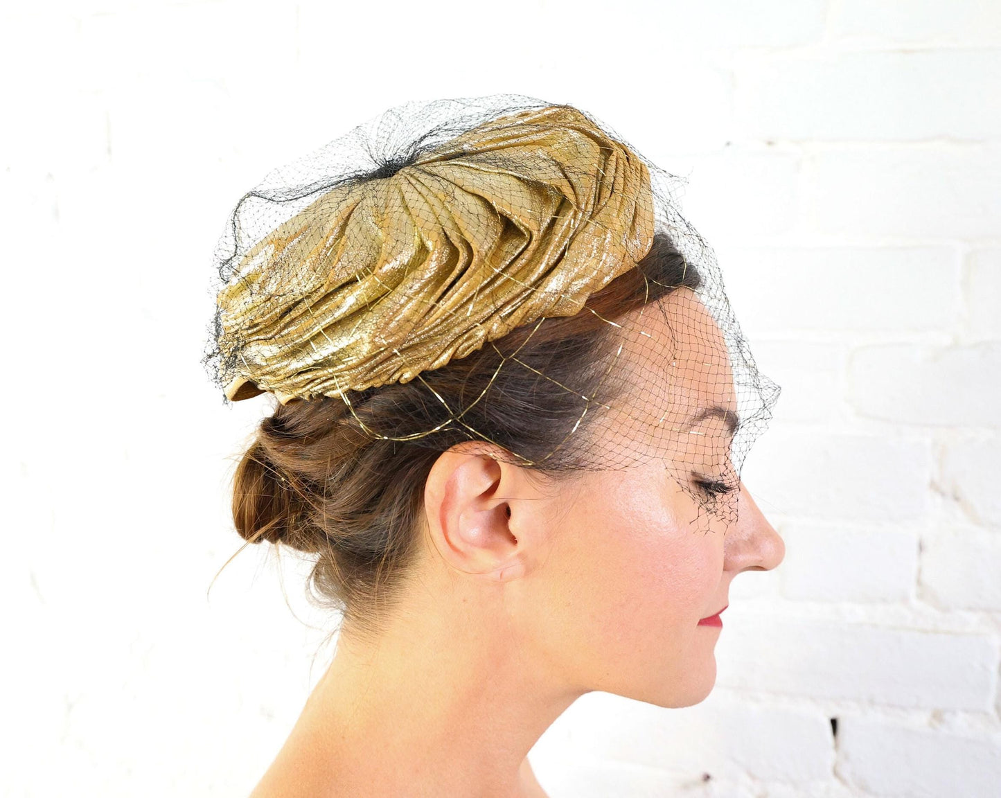 1950s Metallic Gold Fabric Hat | 50s Gold Metallic Gathered Hat