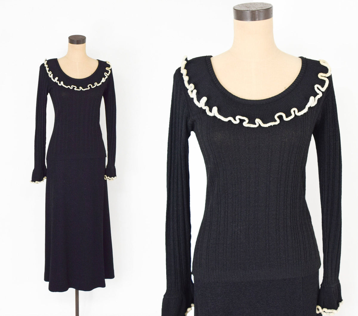 1970s Black Knit Sweater Skirt Set | Ruffle Trim, Medium