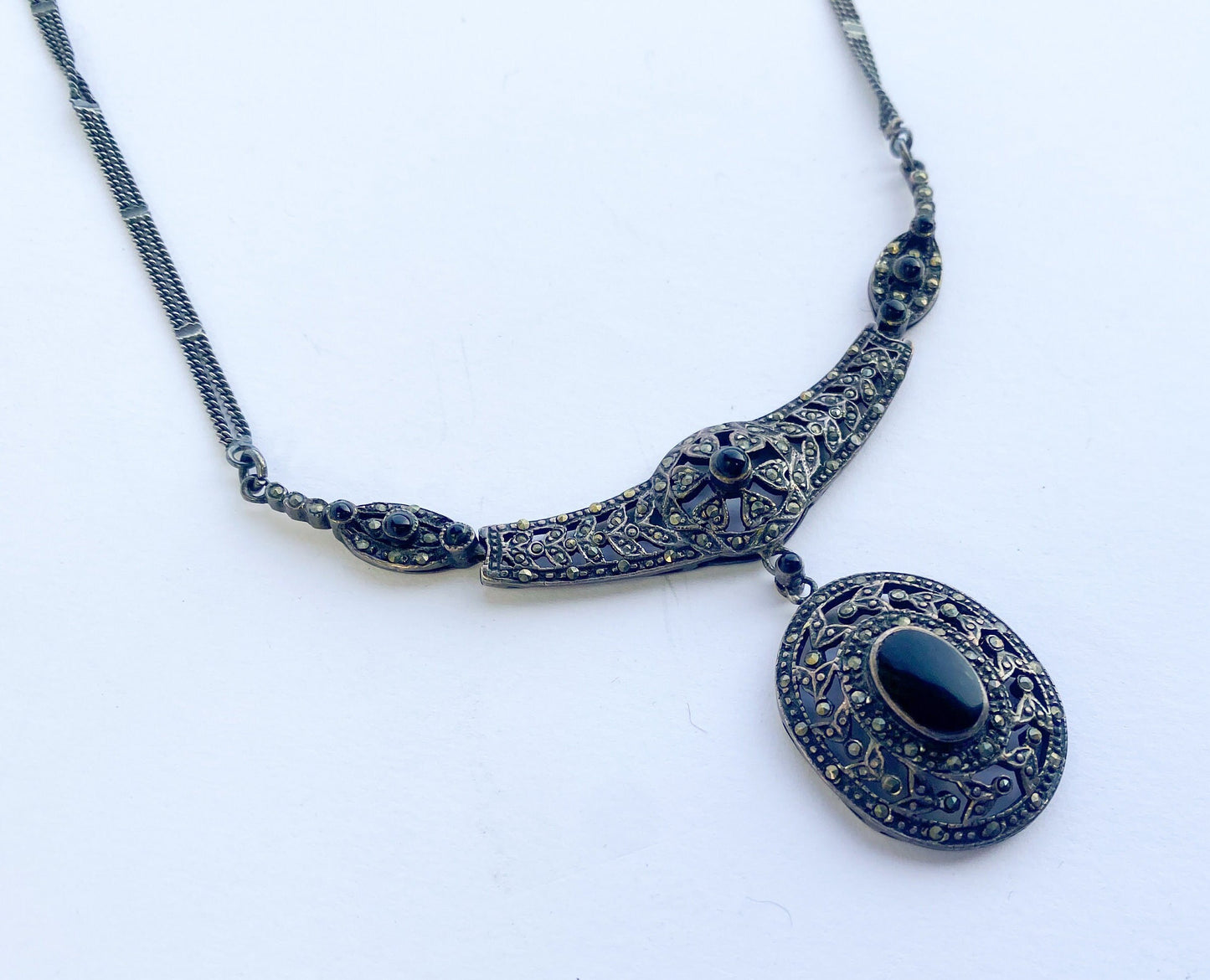 1940s Marcasite & Silver Pendant Necklace | 40 Silver Marcasite Necklace