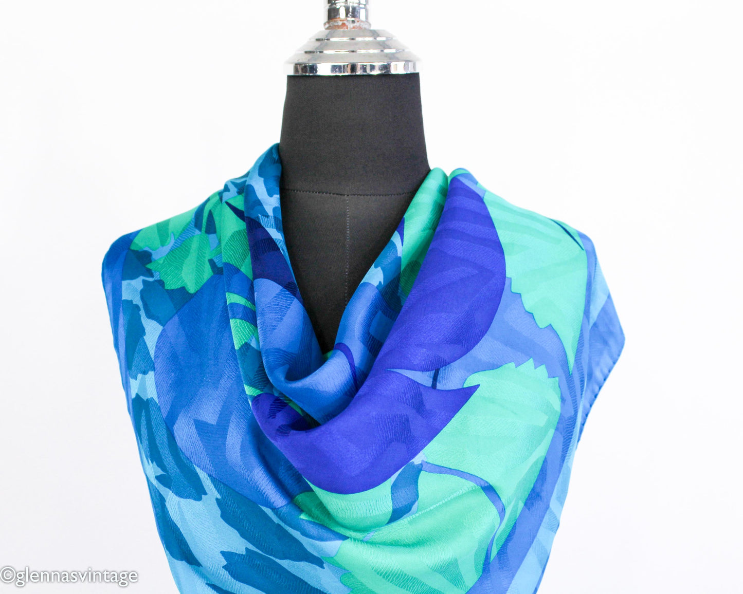 1980s Turquoise Blue Print Silk Scarf