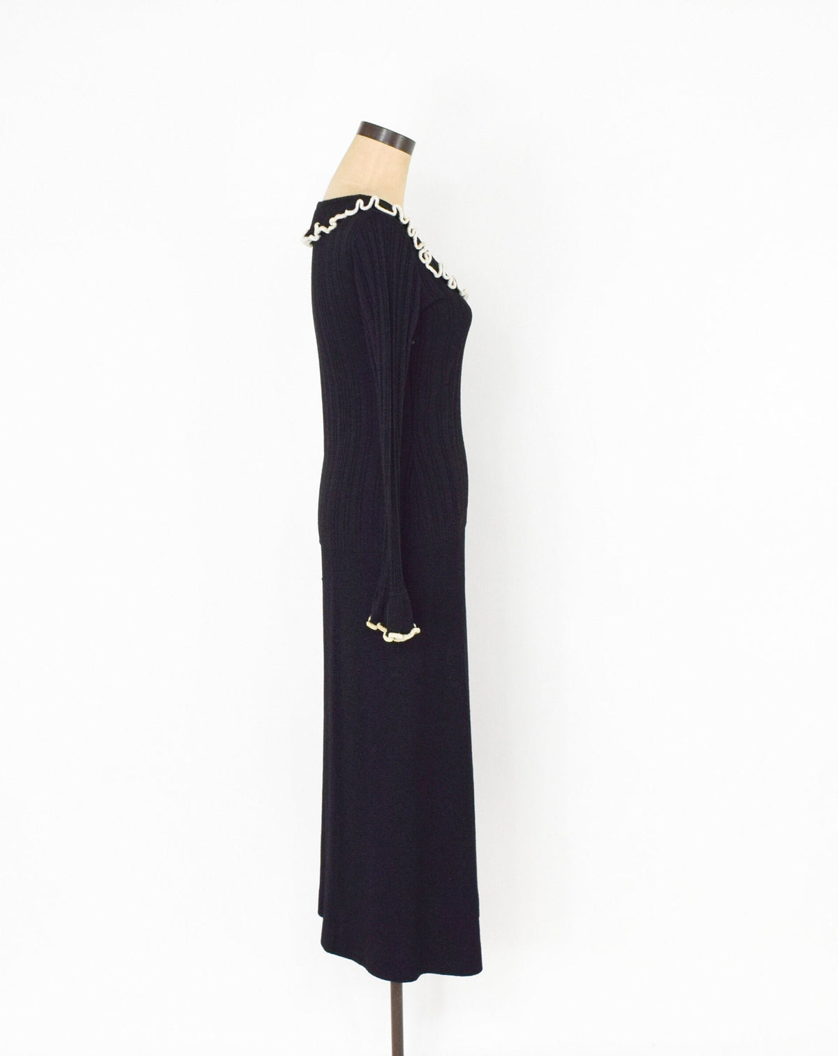 1970s Black Knit Sweater Skirt Set | Ruffle Trim, Medium