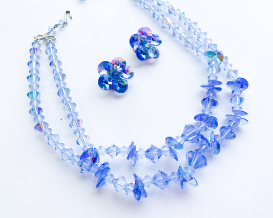 1950s Blue Crystal Necklace Set | 50s Blue Glass Bead Necklace & Clip Earrings