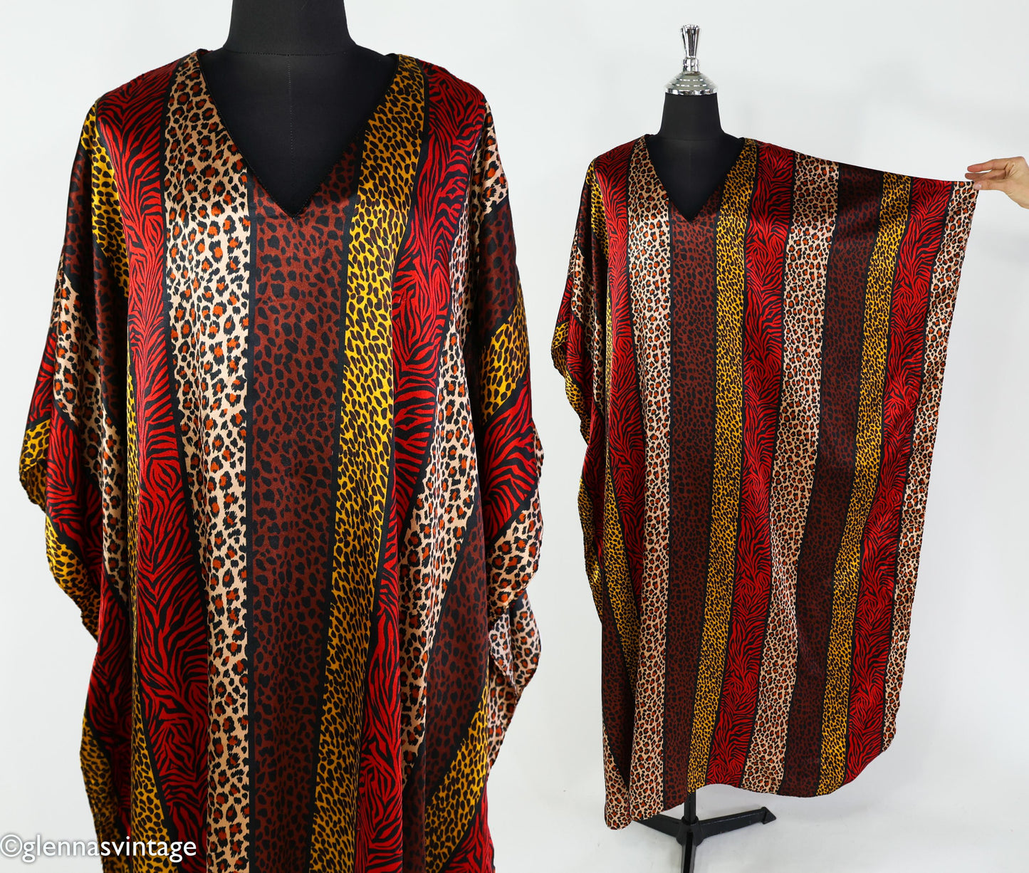 1990s Vintage Red & Gold Animal Print Caftan | Plus Size Dress