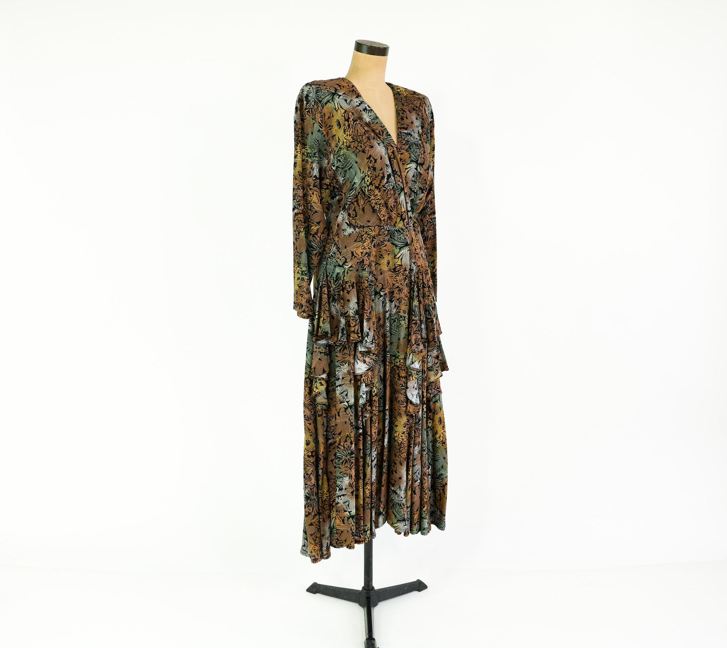 1980s Brown Floral Print Dress, Extra Large, Waist up to 36"