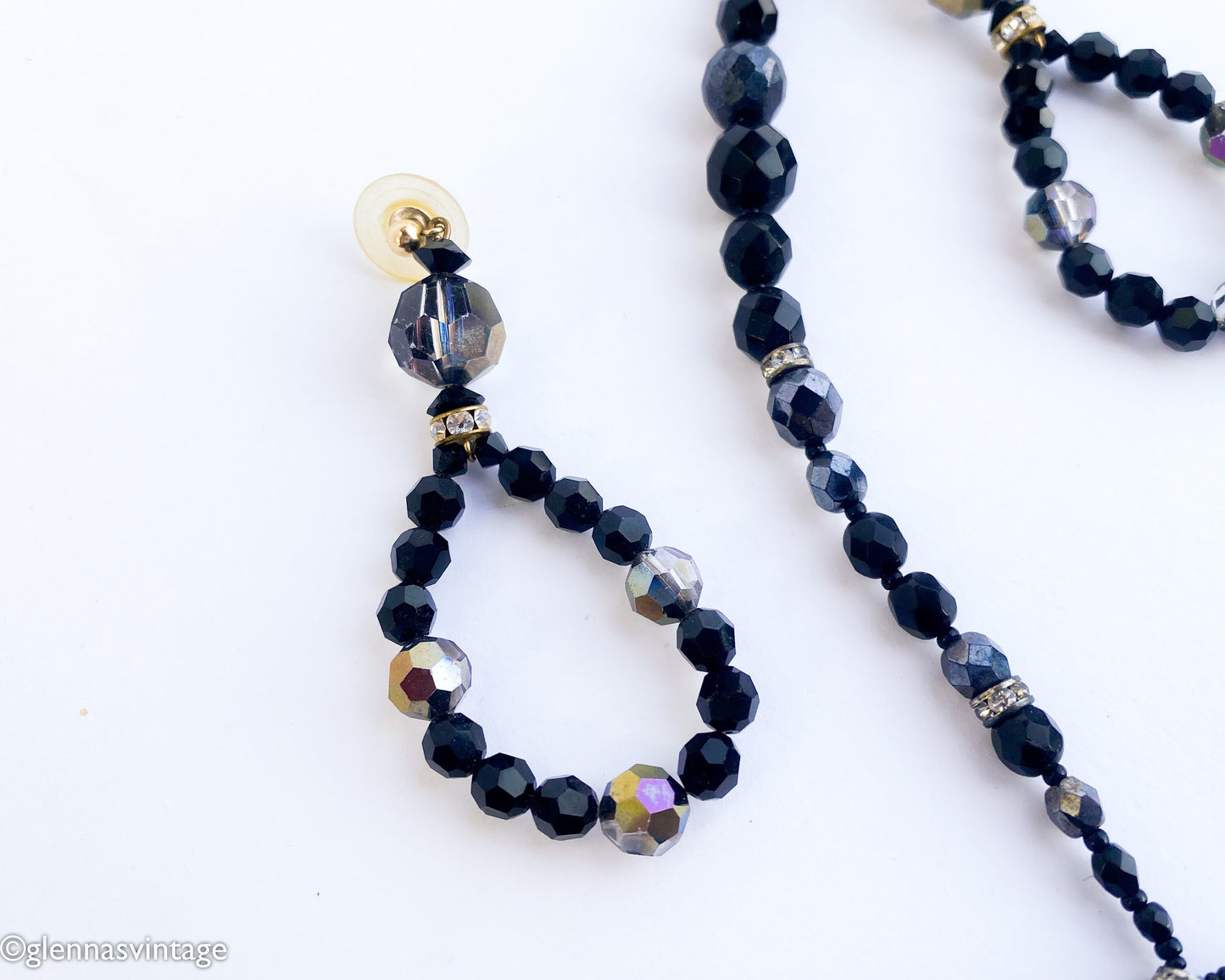 1980s Black Crystal Bead Necklace Set | 80s Black Glass Bead Pendant Earring Set | Black Pendant & Matching Pierced Loop Earrings