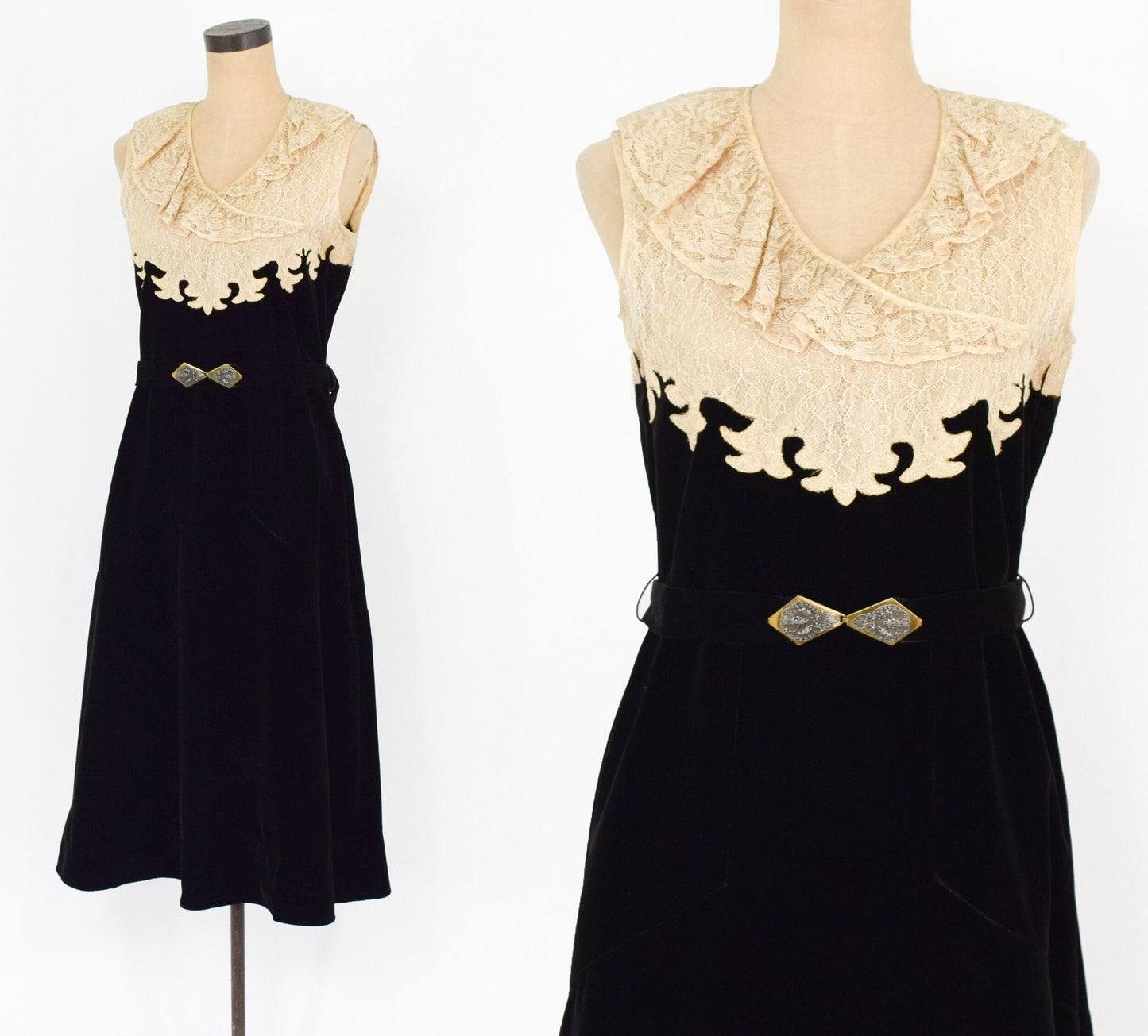 1920s Black Velvet Dress with Lace Bodice, Medium