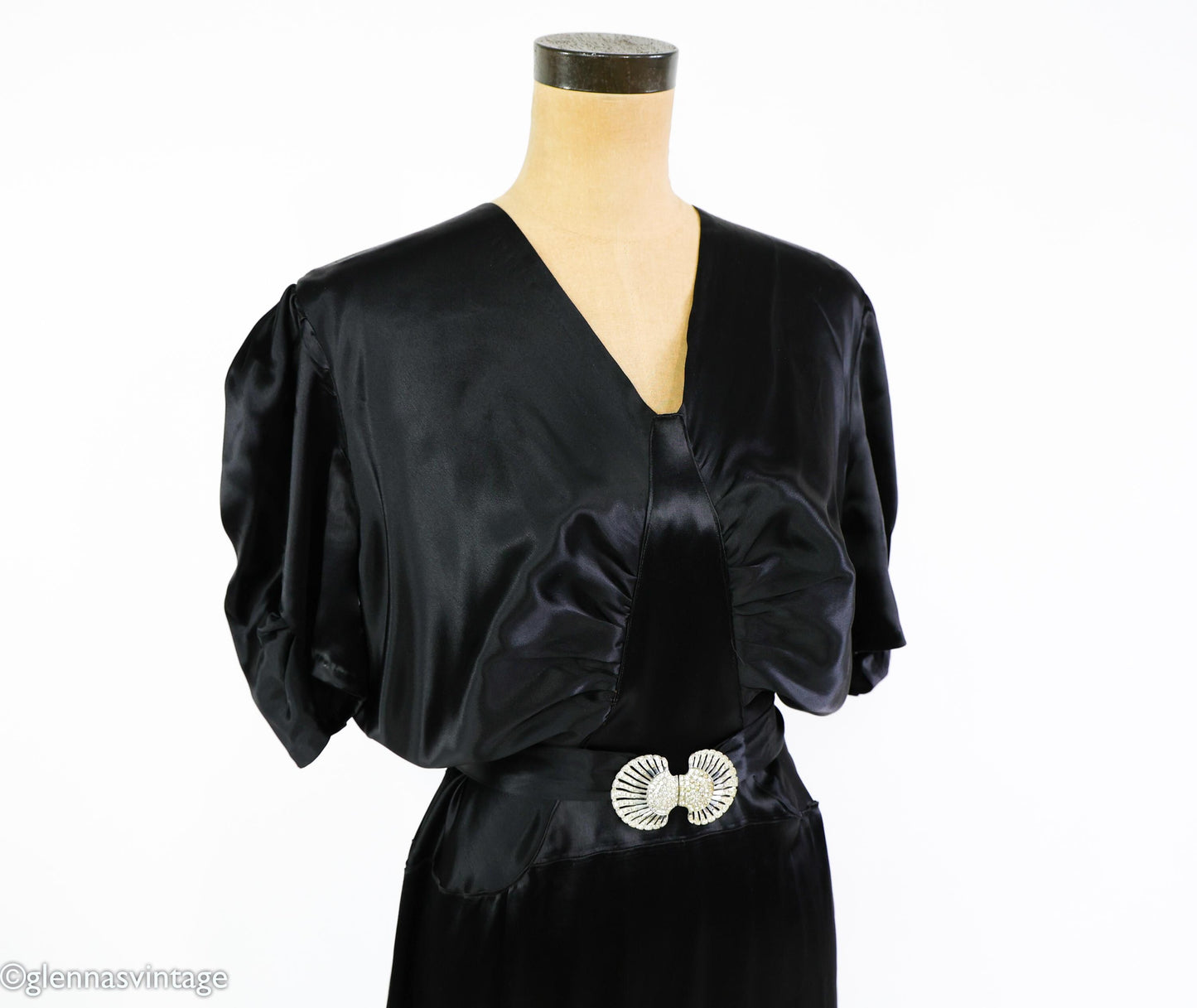 1930s Vintage Black Satin Evening Gown, Rhinestone Belt, Extra Large