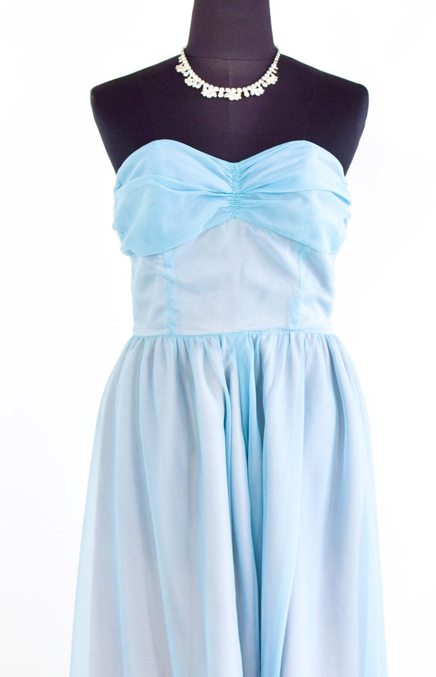 1950s Blue Nylon Prom Dress | Blue Strapless Evening Gown, Small