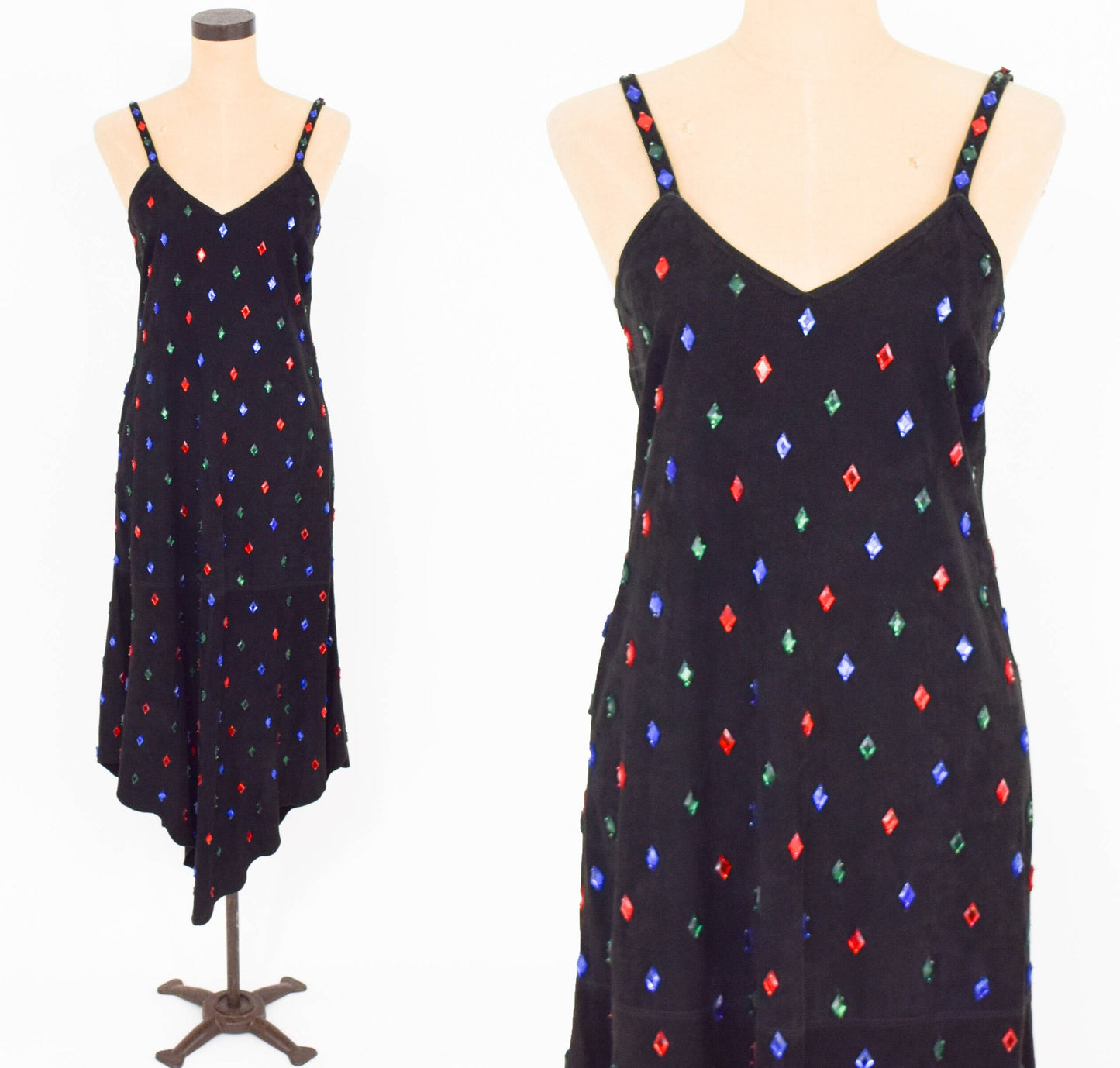 1980s Beaded Black Suede Leather Slip Dress, Medium
