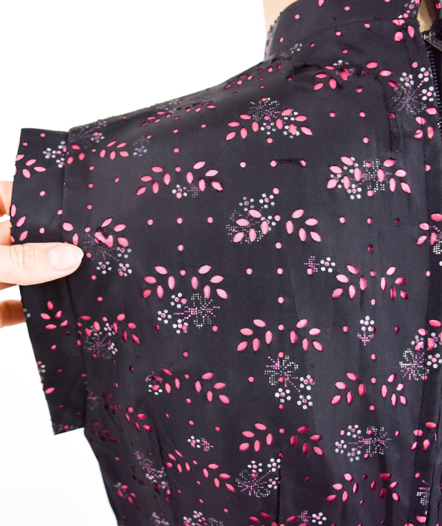1950s Black & Pink Floral Cheongsam Dress in Eyelet Taffeta, Medium