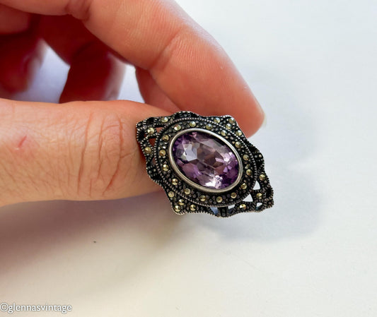 1940s Amethyst Marcasite Ring, Vintage Sterling Silver, Size 7