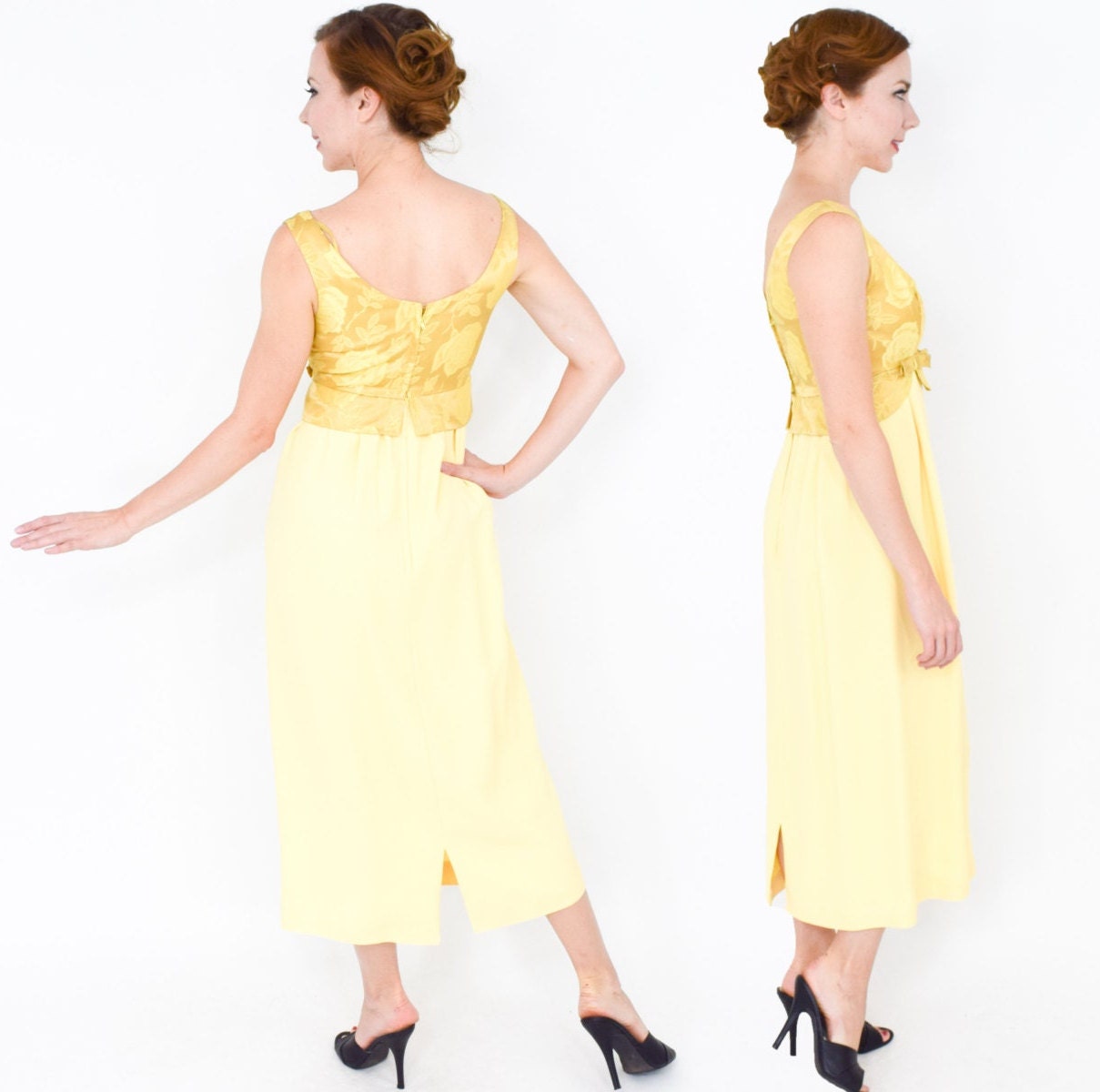 1950s Yellow Crepe Evening Dress | 50s Lemon Yellow & Brocade Party Dress | Small