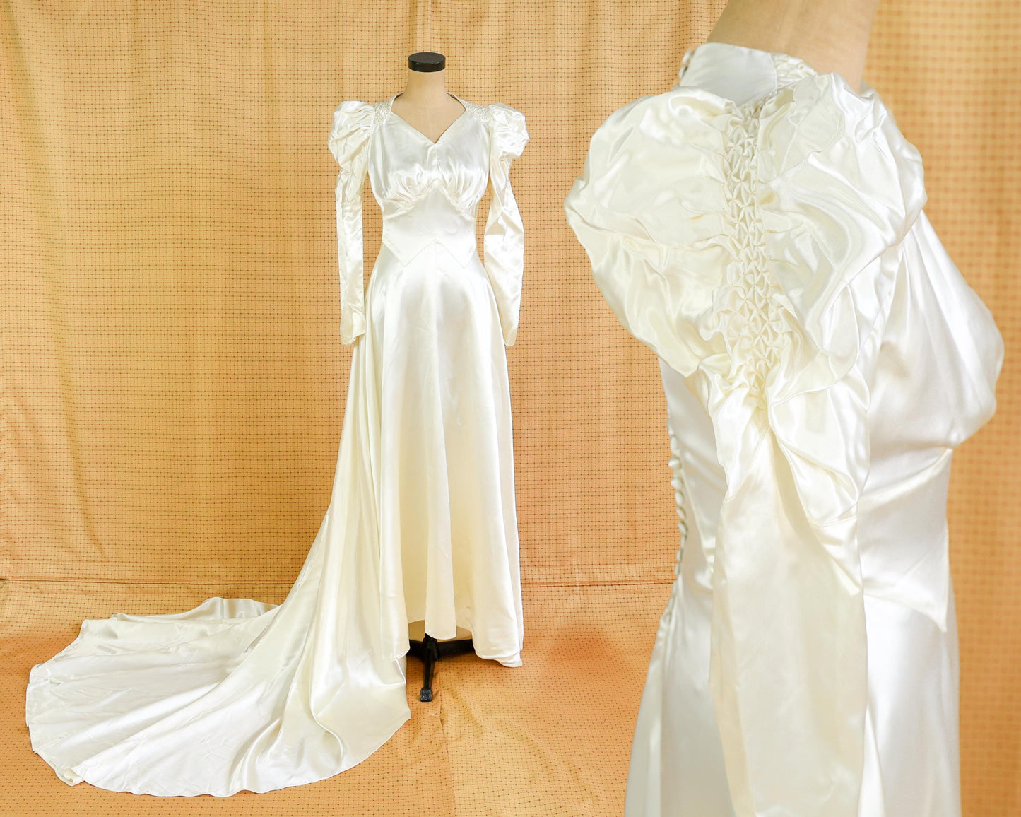 1930s Ivory Satin Long Wedding Dress with Heart Sleeves, Extra Small
