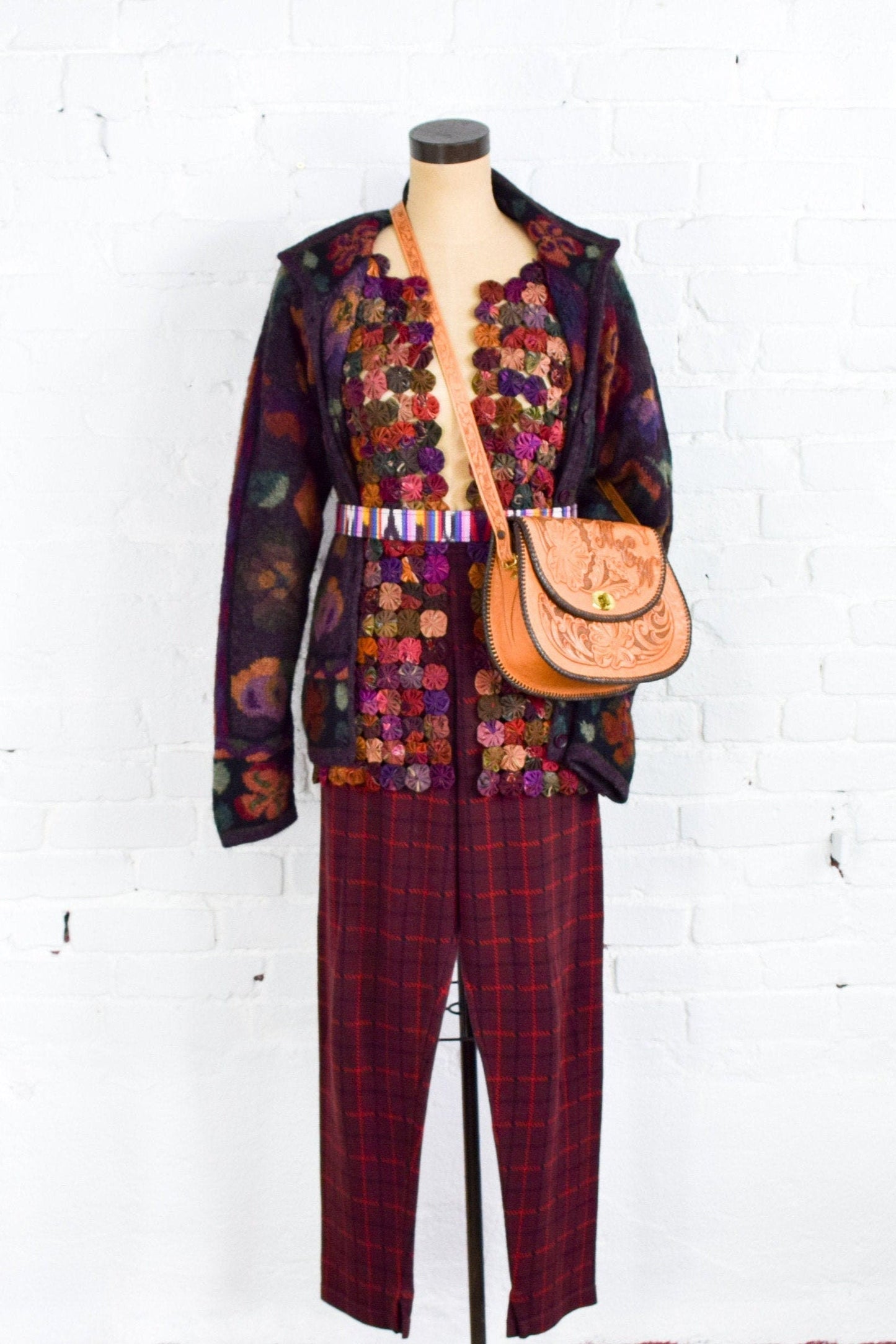 1980s Purple & Burgundy Pant Outfit | Purple Floral Sweater | Wearable Art | Medium Large