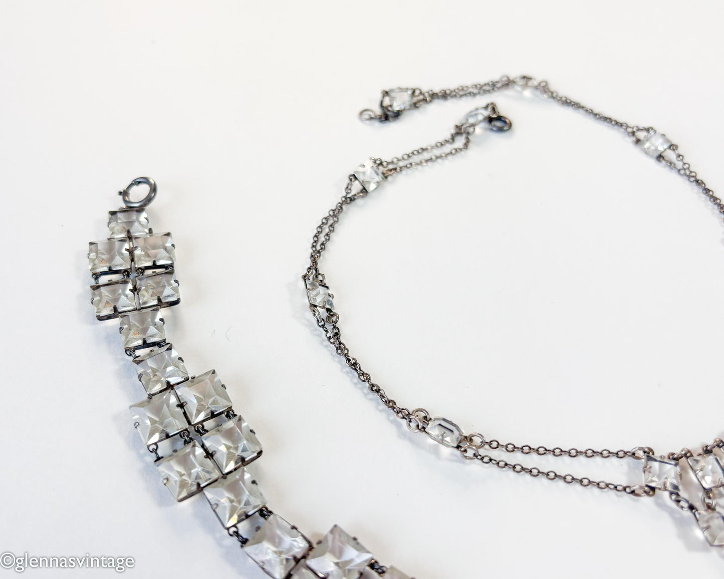 1930s Vintage Art Deco Crystal Bracelet or Necklace, Sterling Silver Setting