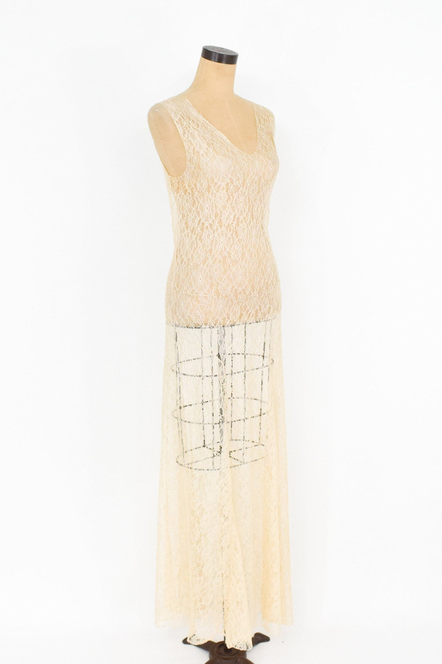 1930s Ivory French Lace Evening Gown & Jacket, Vintage Wedding Dress,  Extra Small