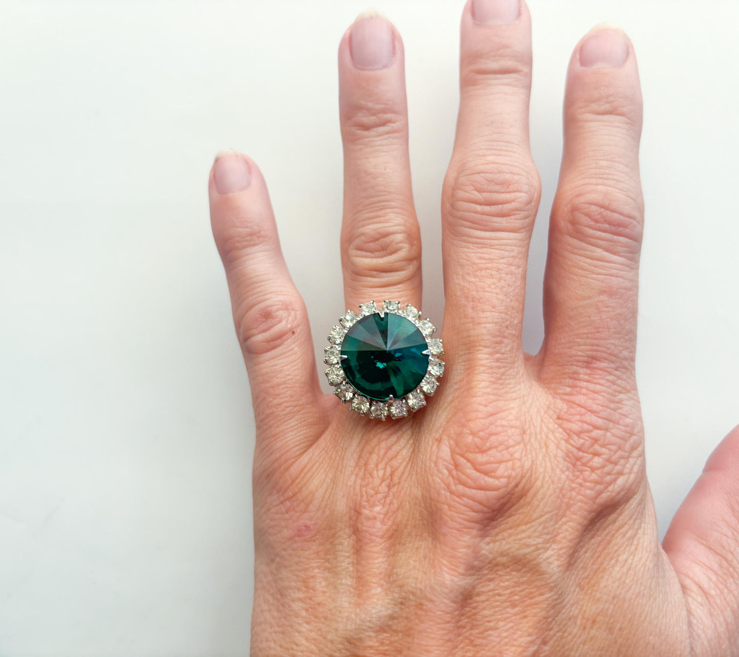 1950s Green Cocktail Ring, Vintage Adjustable Rhinestone Ring