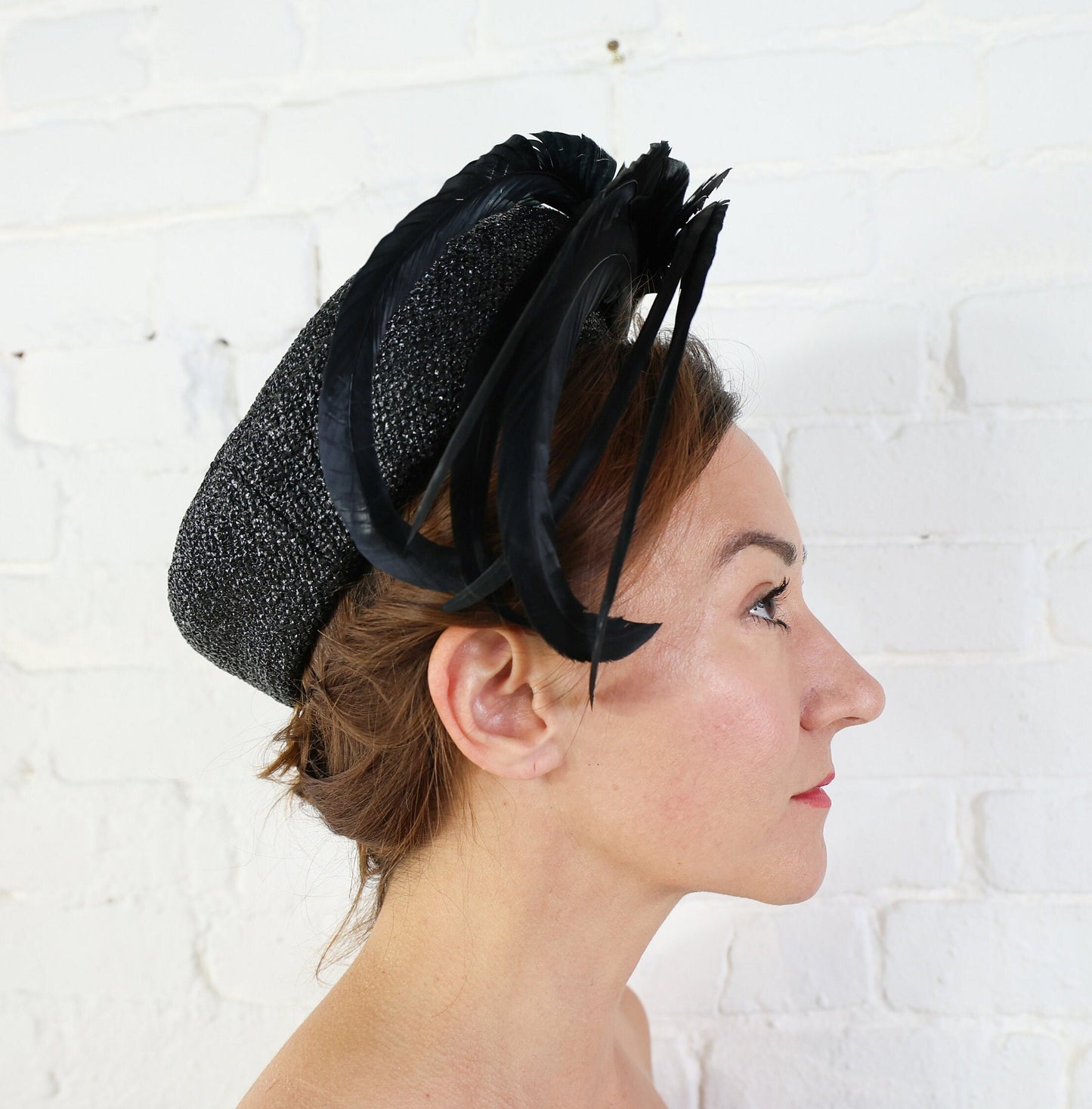 1950s Black Feather Fascinator, Woven Raffia Hat With Feathers